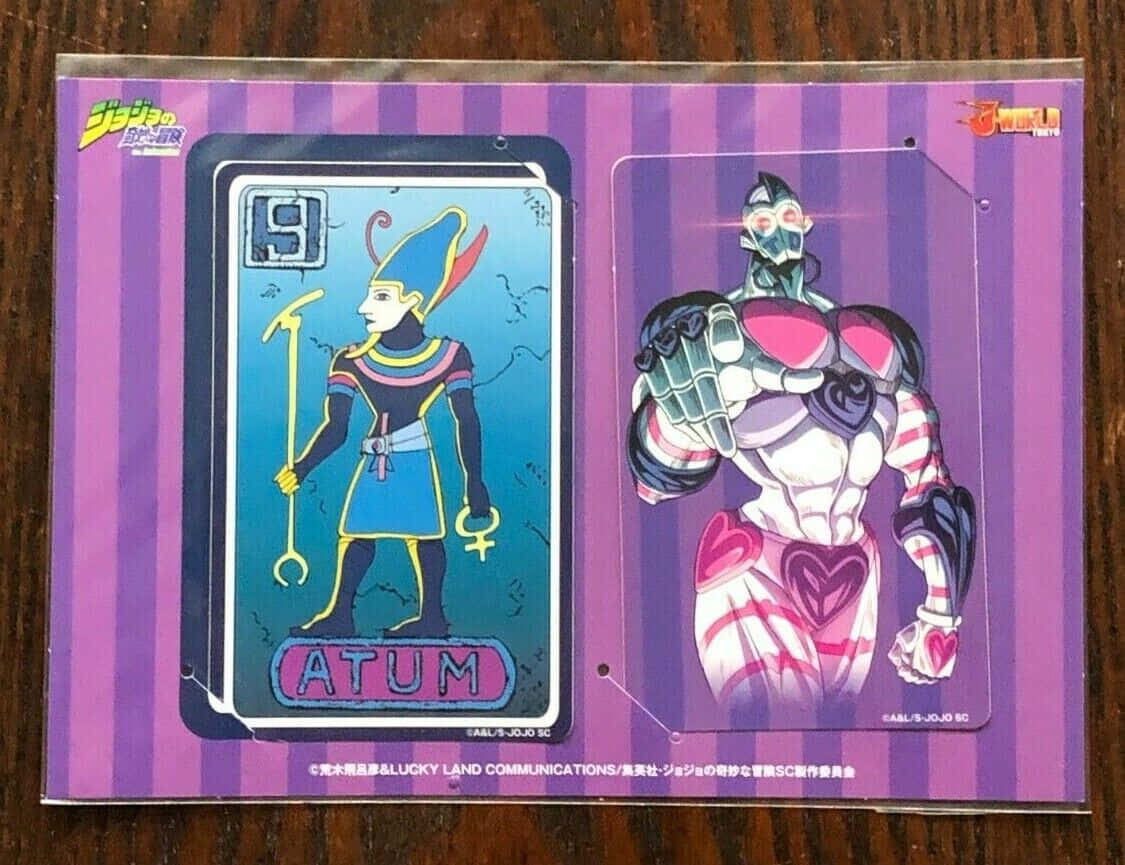 Jojo's Bizarre Adventure Atum 桌布 壁紙 — 兩張JoJo's Bizarre Adventure集換式卡牌，上面有角色阿圖姆和一個肌肉發達的外星人形象，背景為紫色條紋。