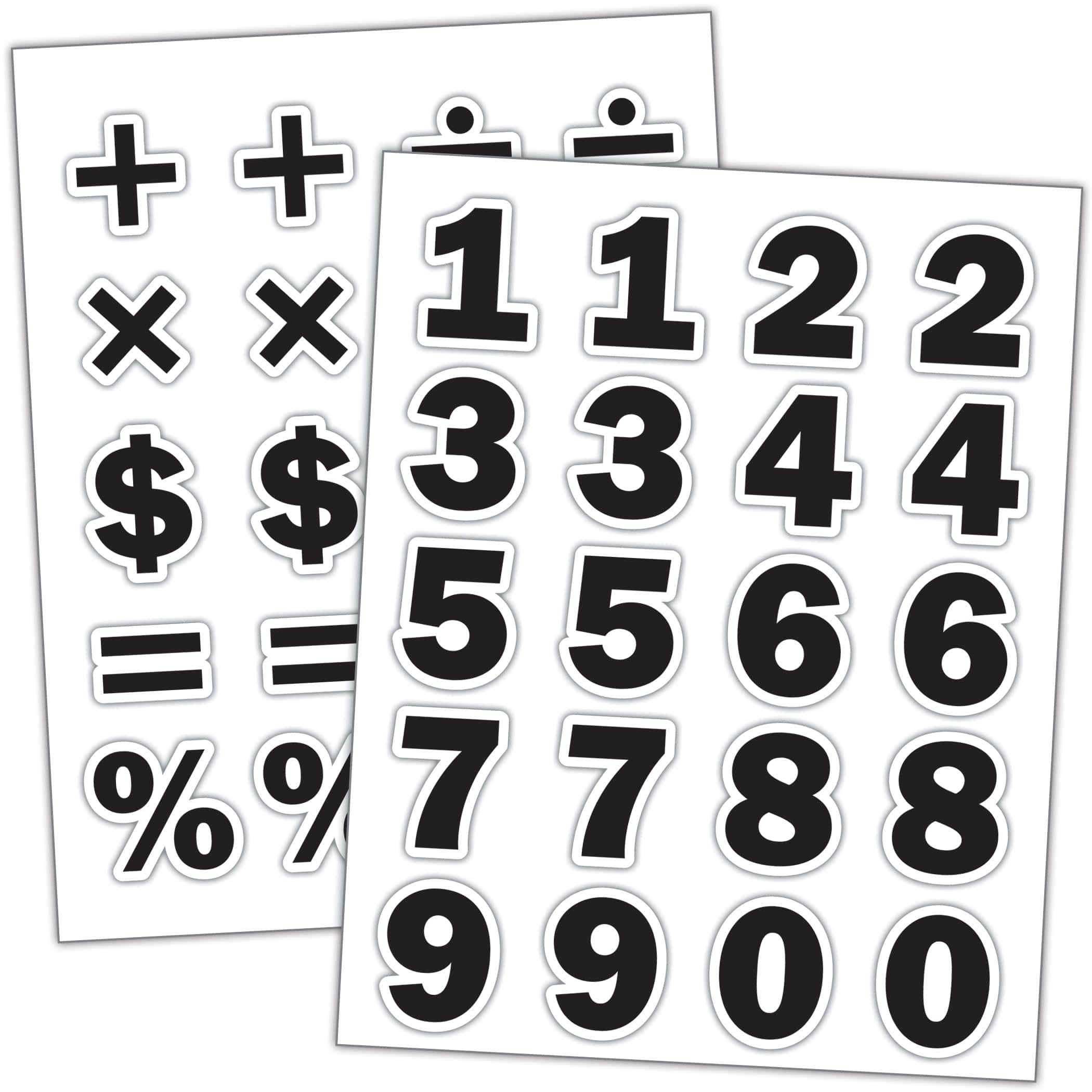 Black And White Number 桌布 壁紙 — 兩張帶有白色邊框的黑色數學符號和數字的紙張，放在純白色背景上。