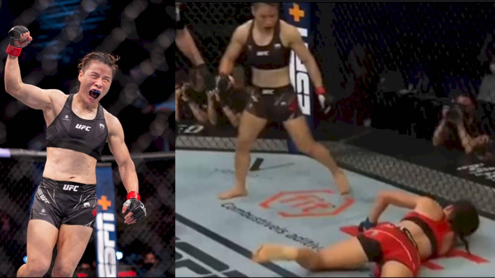 女性MMA拳手在UFC八角籠中擊倒對手後慶祝勝利。
