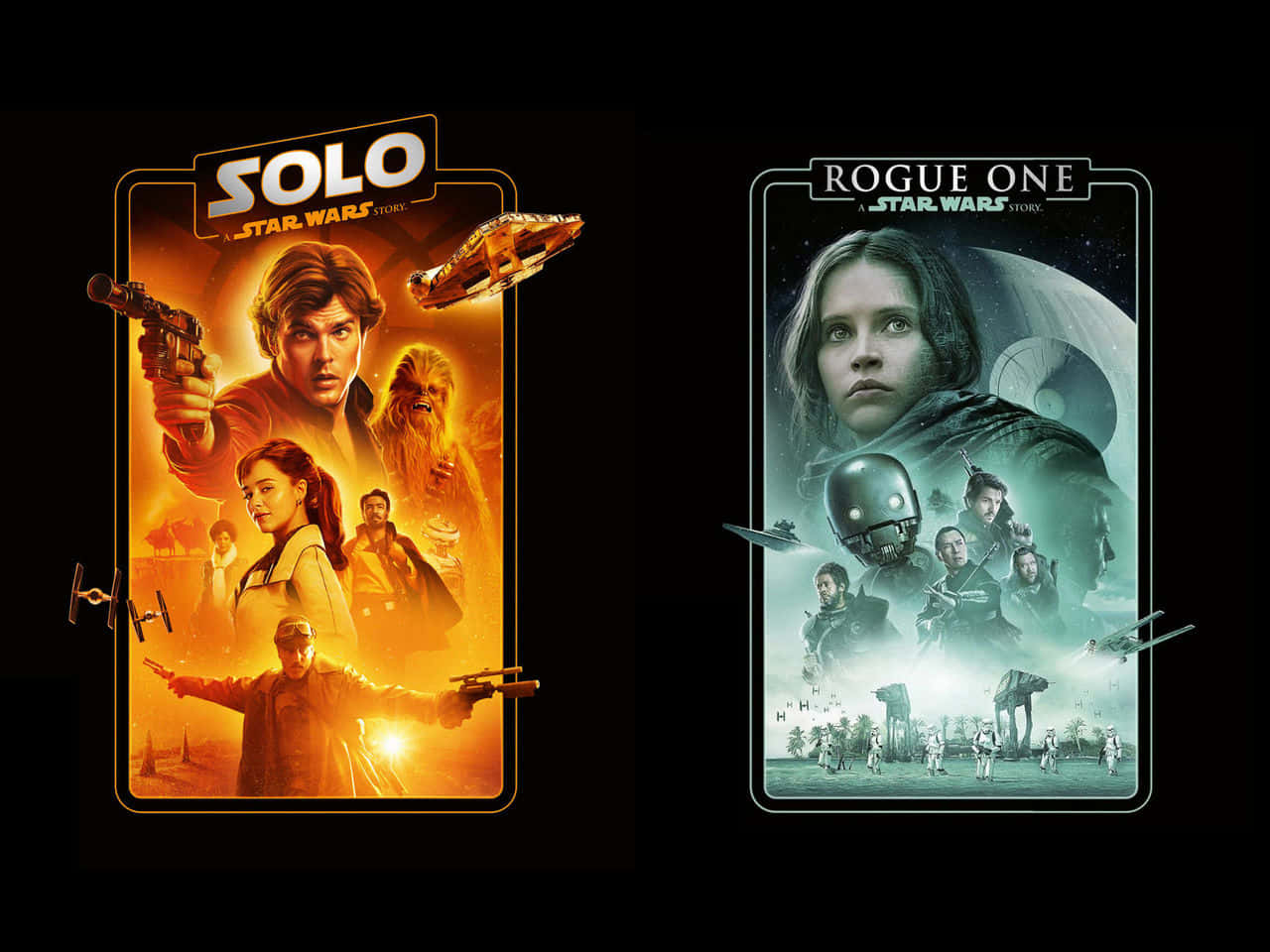 Solo A Star Wars Story 桌布 壁紙 — 兩張星球大戰電影海報並排放置，一張是發光的橙色，有Han Solo和Chewbacca，另一張是冷藍色，有Jyn Erso和AT-AT步行機。