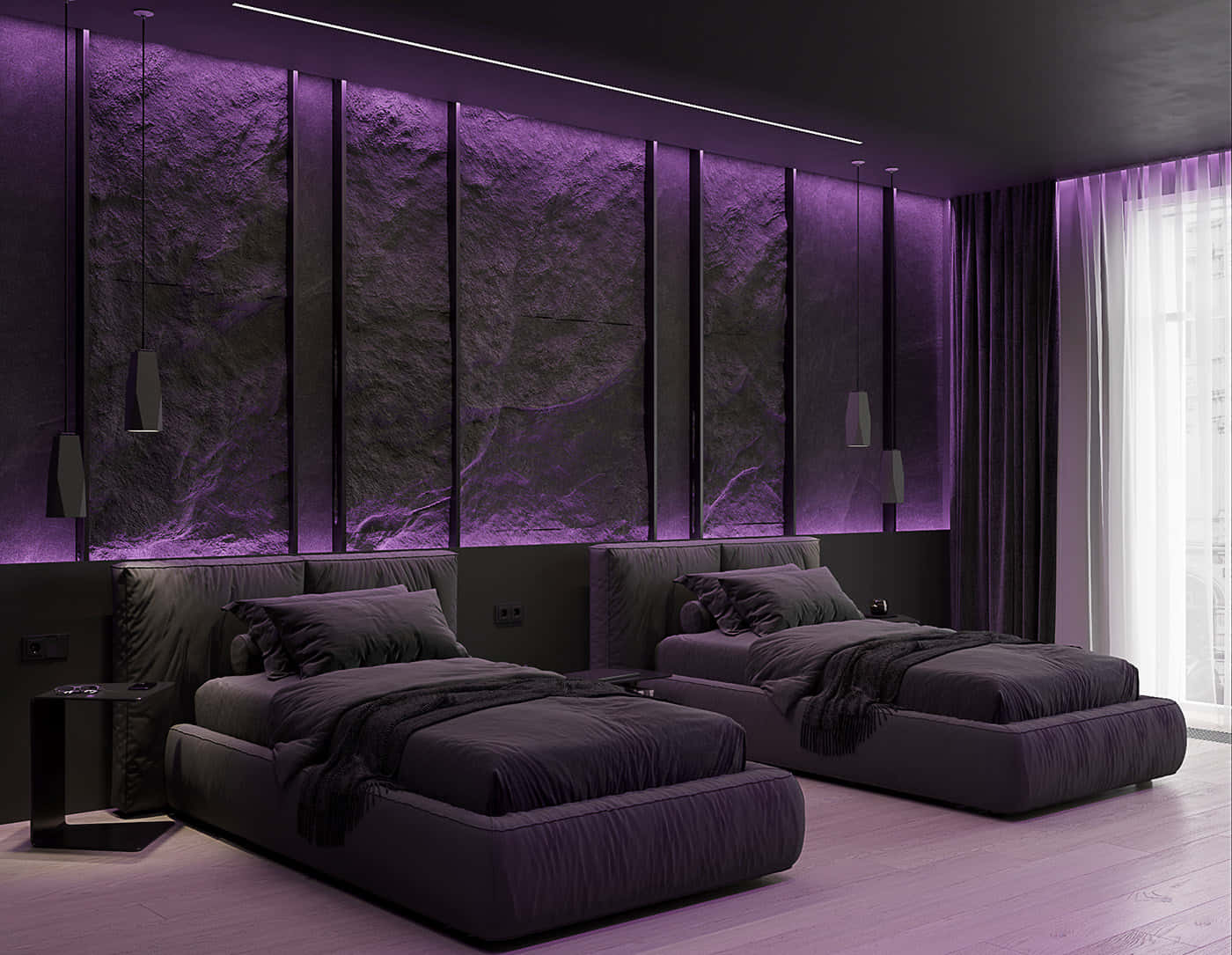 Purple Decor 桌布 壁紙 — 兩張毛絨床在現代臥室中，沐浴在來自紋理牆板和吊燈的環境紫色光中。