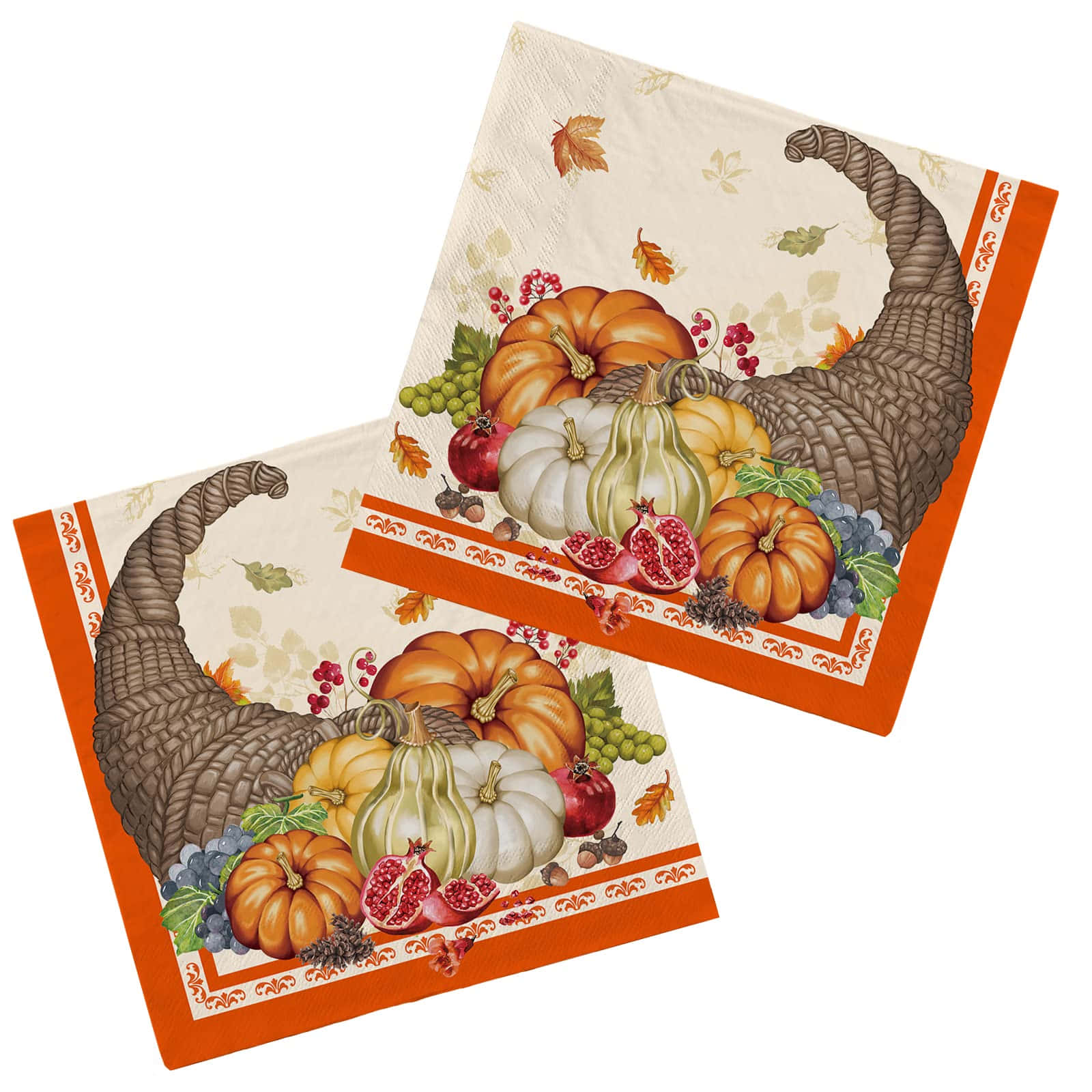 Fall Cornucopia 桌布 壁紙 — 兩張節日餐巾展示一個豐收角，裝滿南瓜、石榴、葡萄和秋葉，背景為奶油色。