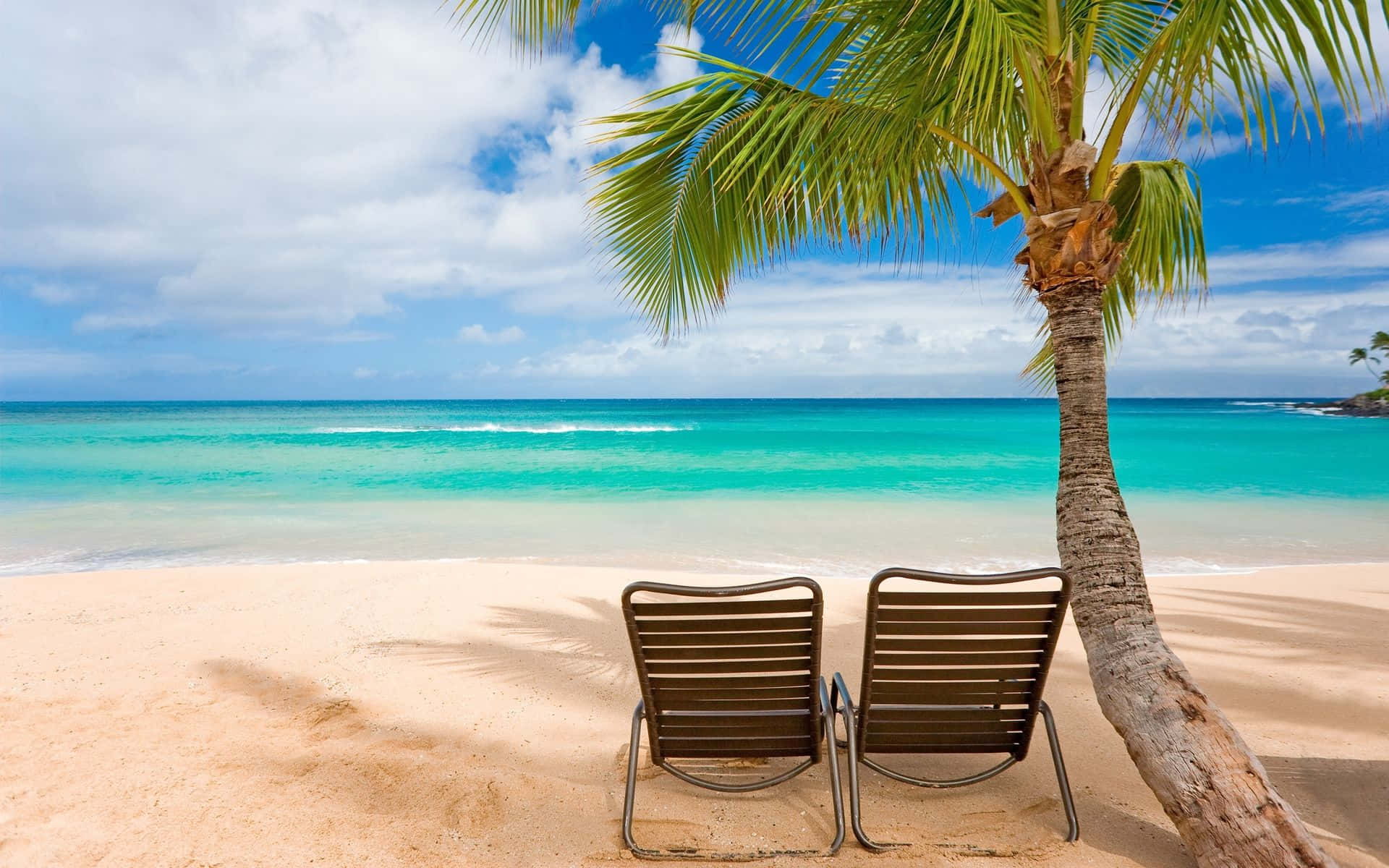 Hawaiian Beach 桌布 壁紙 — 兩張躺椅放在沙灘的棕櫚樹下，面向著在部分多雲的藍天下呈現碧綠色的海浪。