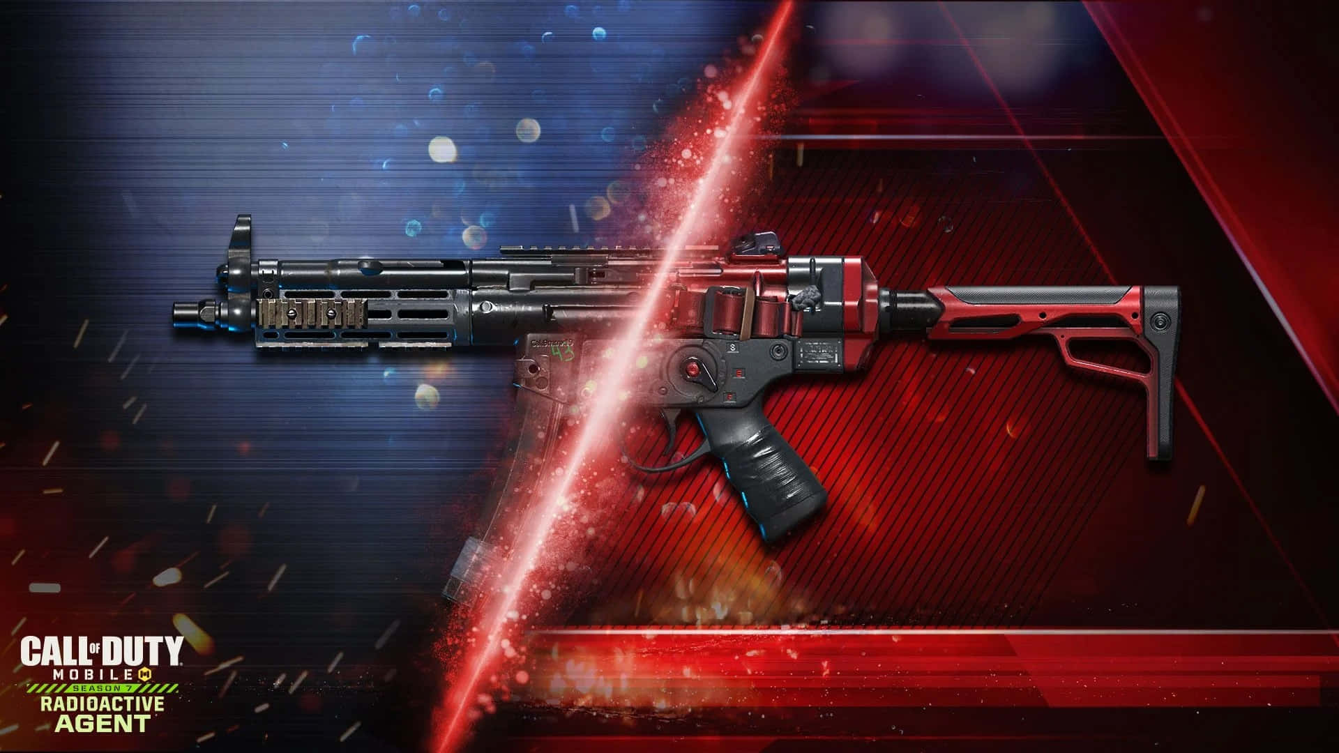 Call Of Duty Weapons 桌布 壁紙 — 兩把未來風格的突擊步槍在動態藍紅抽象背景前散發紅色能量光芒。