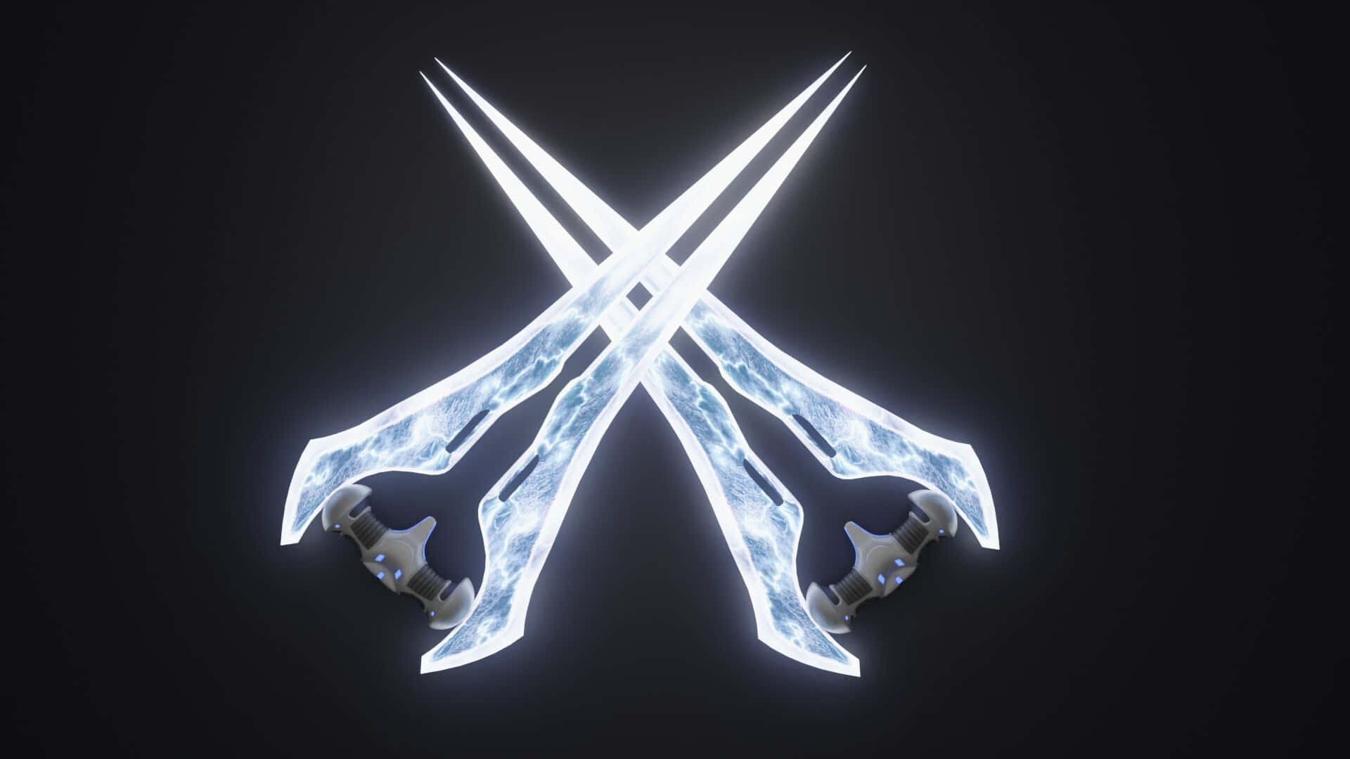 Halo Energy Sword 桌布 壁紙 — 兩把發光的冰劍在黑暗虛空中戲劇性地交叉，劍刃上帶有電光藍色能量噼啪作響。