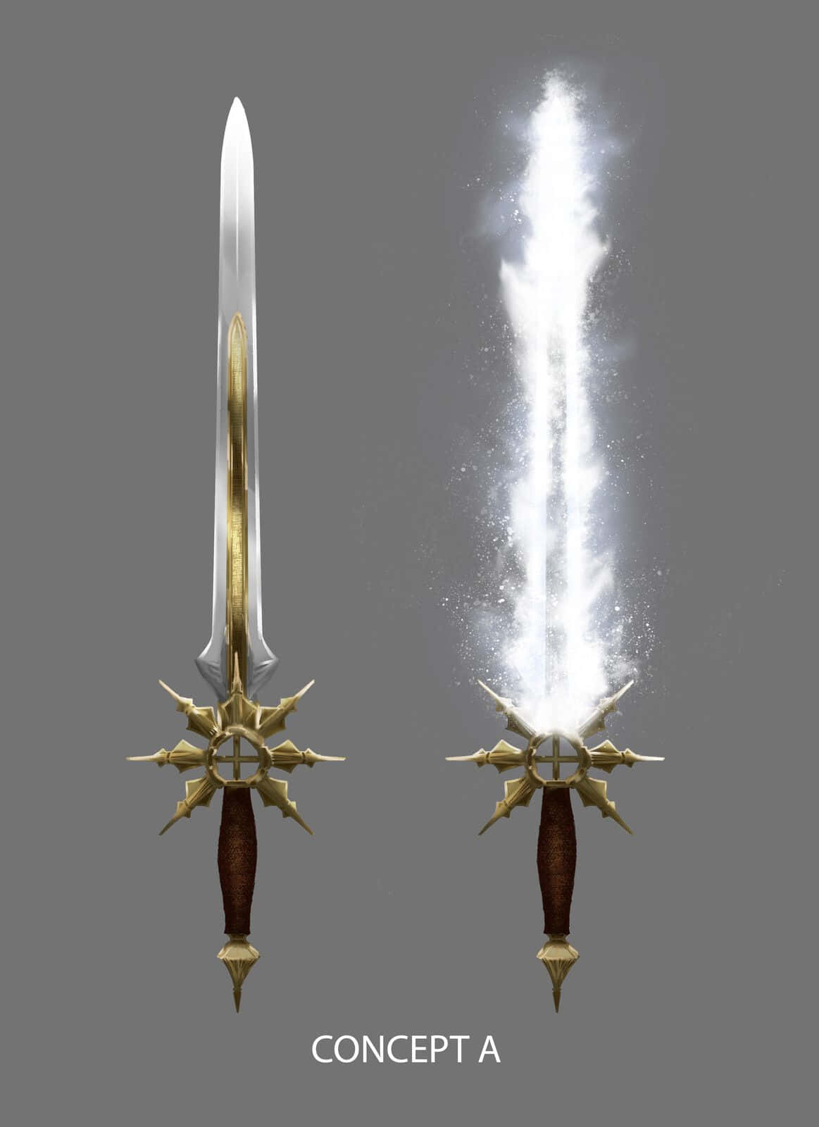 Excalibur 桌布 壁紙 — 兩把華麗的奇幻劍，其中一把在純灰色背景上散發出耀眼的白色能量。