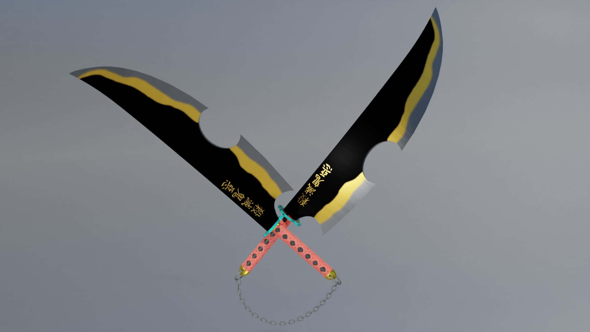 Nichirin Blades 桌布 壁紙 — 兩把黑色和金色的彎曲刀刃，帶有粉紅色刀柄和鏈條，在灰色背景上交叉。