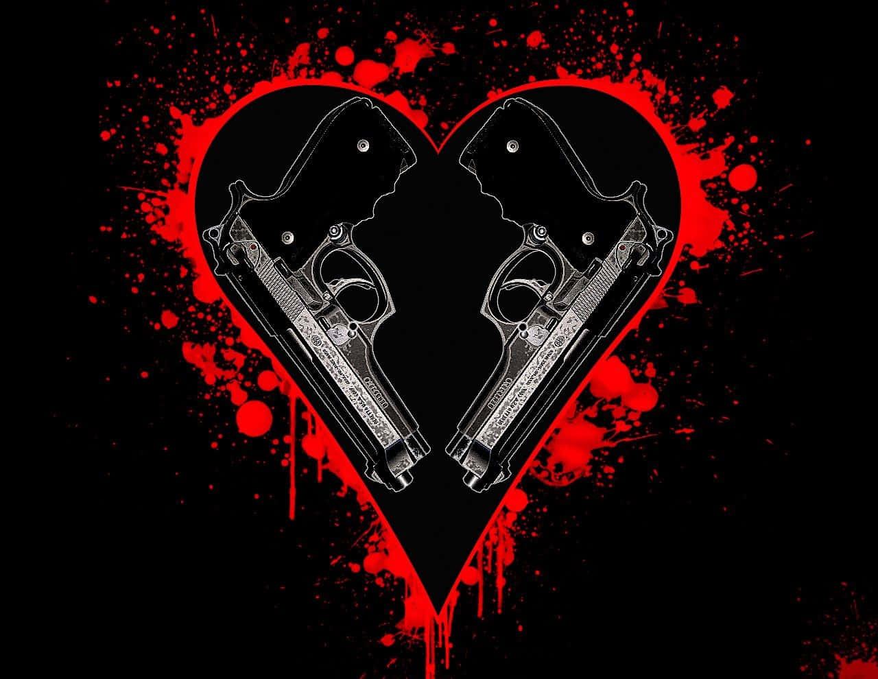 Broken Heart Black 桌布 壁紙 — 兩支手槍在濺滿紅色油漆的黑色背景上形成心形。