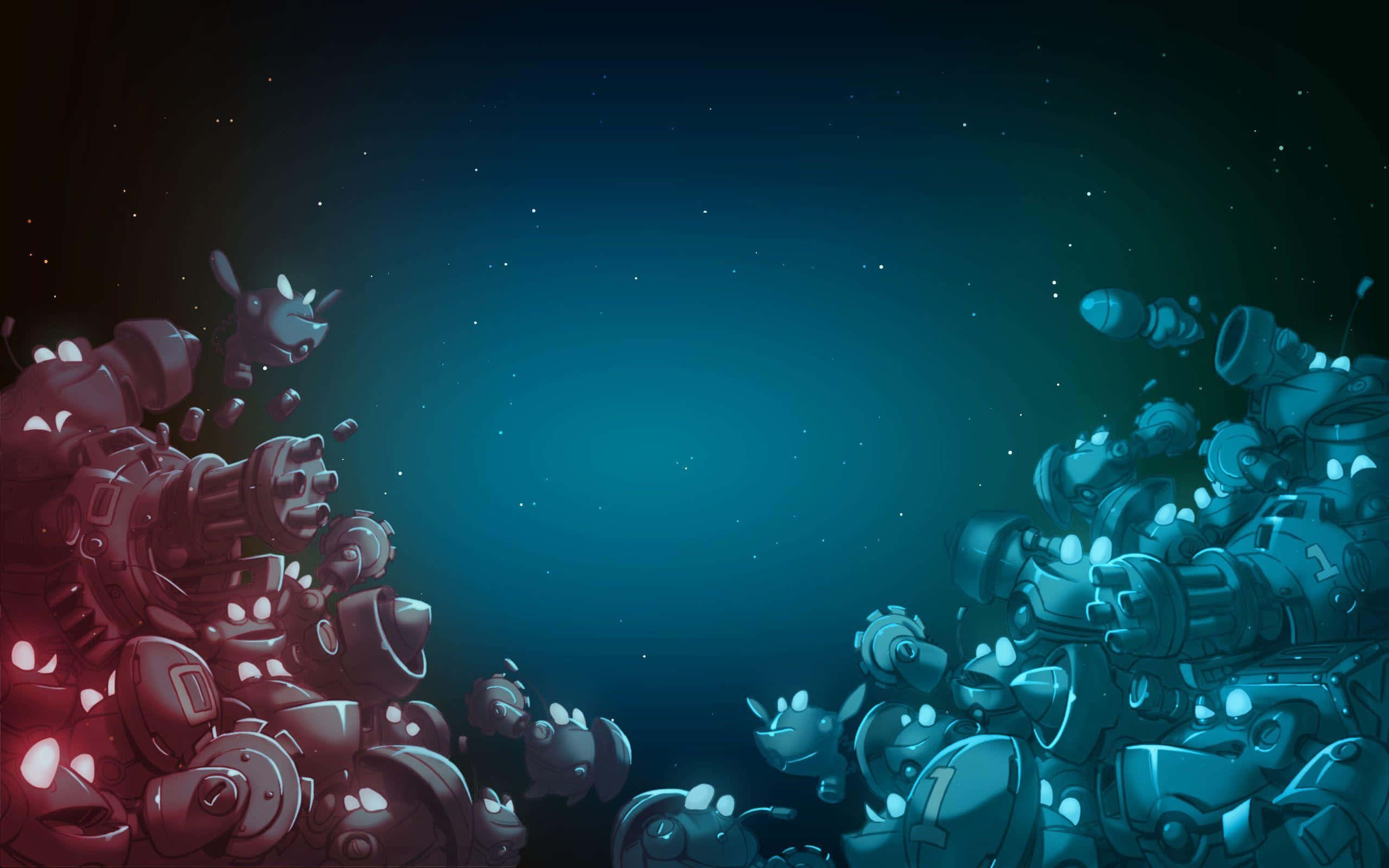 Indie Games 桌布 壁紙 — 兩支發光的機械人軍隊在星光燦爛的宇宙虛空中對峙，帶有鮮豔的紅色和藍色燈光。