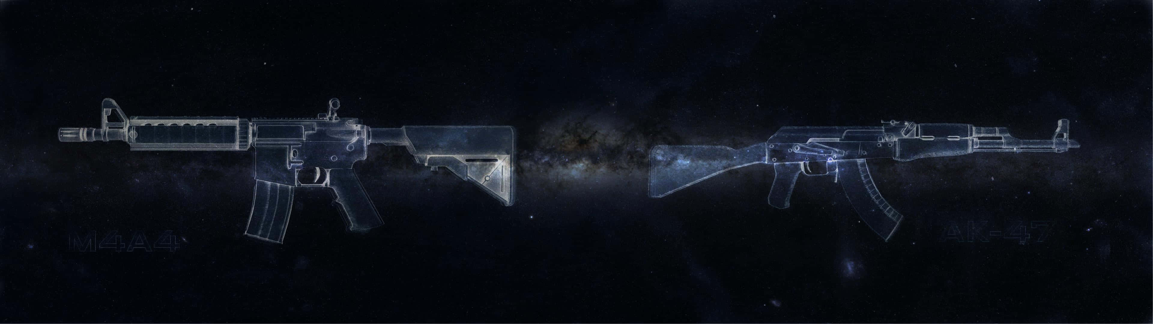 2 Monitor 桌布 壁紙 — 兩支透明槍械在星空宇宙背景下漂浮，帶有發光藍色亮點。