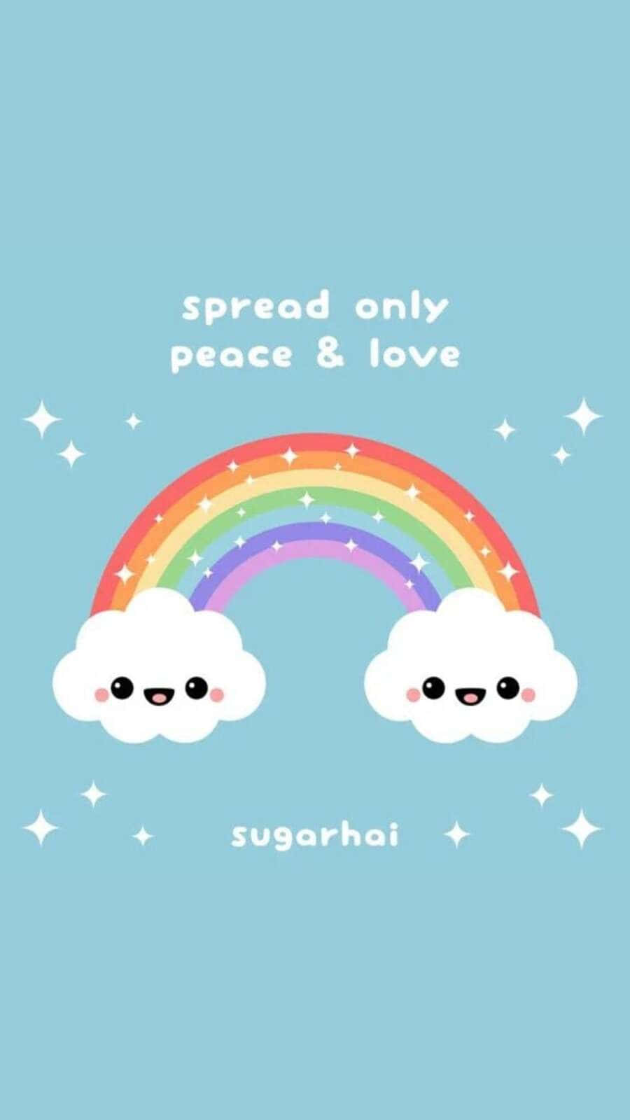 Kawaii Rainbow 桌布 壁紙 — 兩朵微笑的可愛雲朵在柔和的藍天下拿著色彩繽紛的彩虹，伴隨著閃爍的星星和勵志文字。