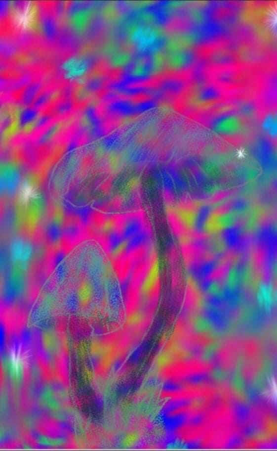 Trippy Mushroom 桌布 壁紙 — 兩朵發光蘑菇漂浮在迷幻的霓虹粉紅、藍色和綠色漩渦中，帶有星爆亮點。