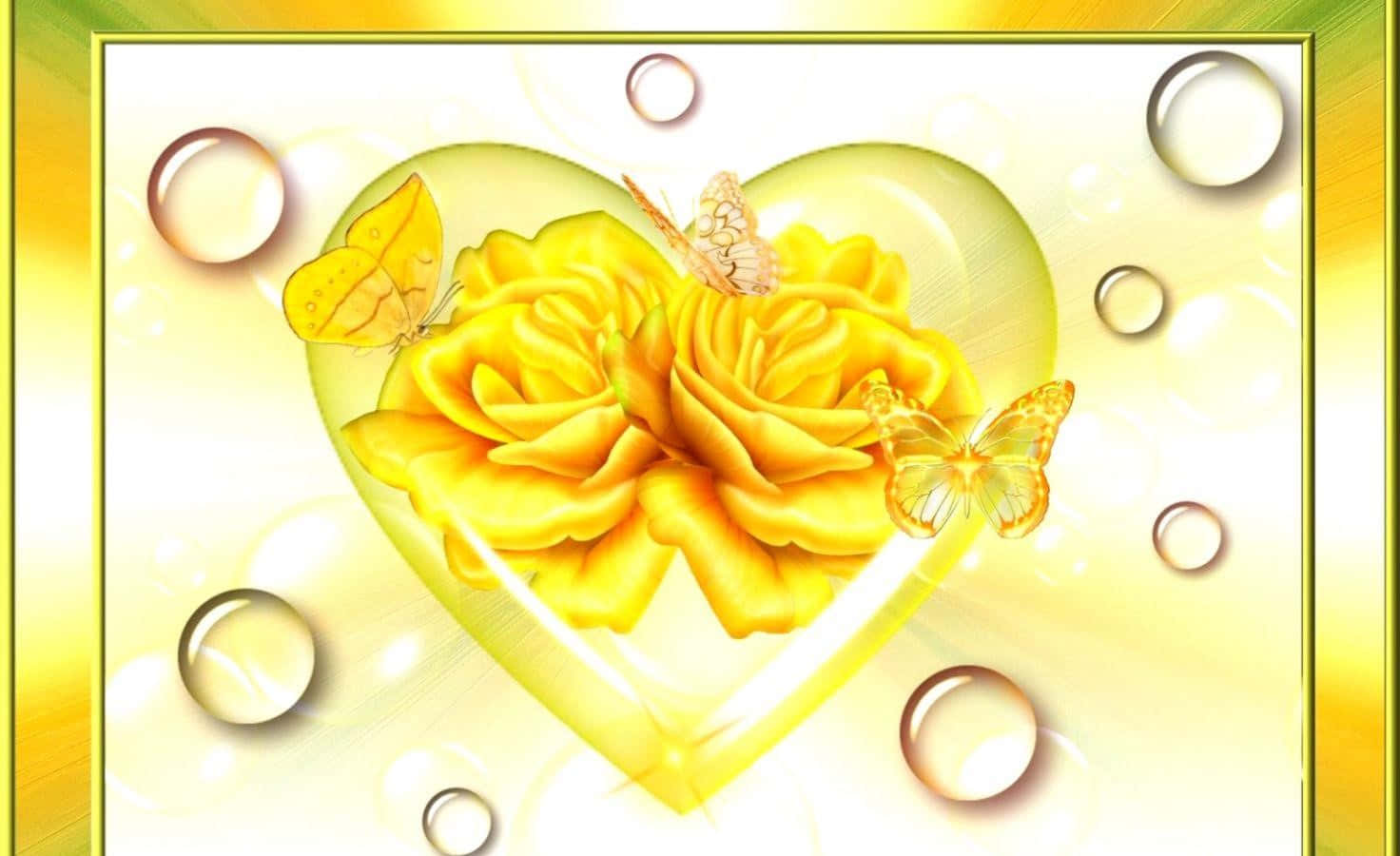 Yellow Heart 桌布 壁紙 — 兩朵金色玫瑰在發光的心形內盛開，周圍環繞著蝴蝶和漂浮的氣泡，背景是明亮的黃色。