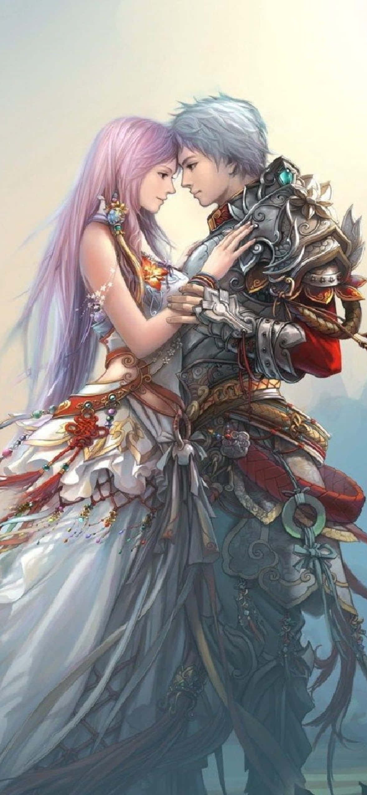 兩朵黃色鬱金香與一片綠葉在白色背景上 壁紙 — 一對溫柔的動漫情侶相擁，一位身穿華麗盔甲的戰士和一位身穿飄逸長袍的人，背景柔和發光。