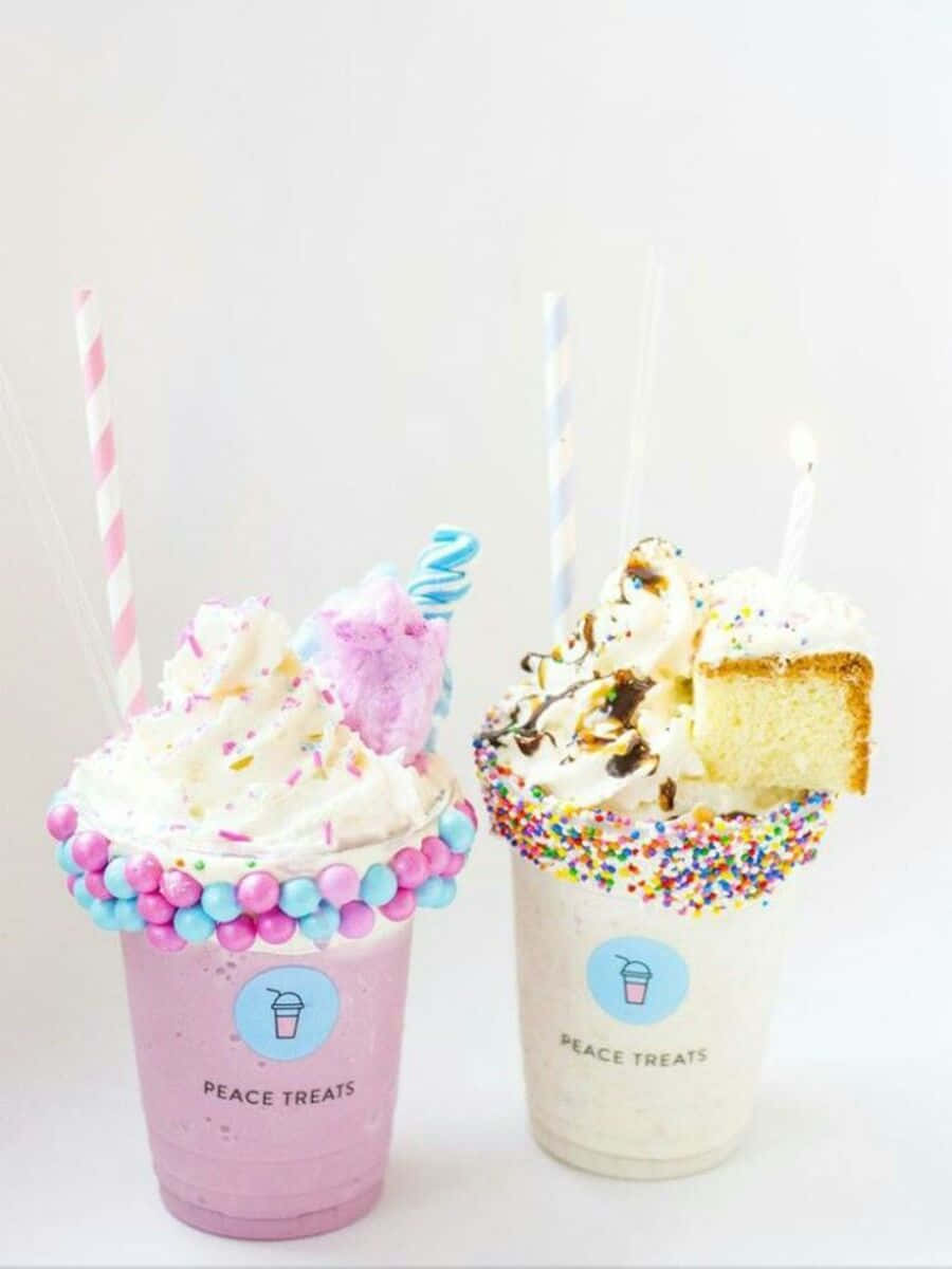 Kawaii Dessert 桌布 壁紙 — 兩杯充滿活力的奶昔，上面有鮮奶油蛋糕塊和彩虹糖粒，盛在柔和色調的杯子裡。