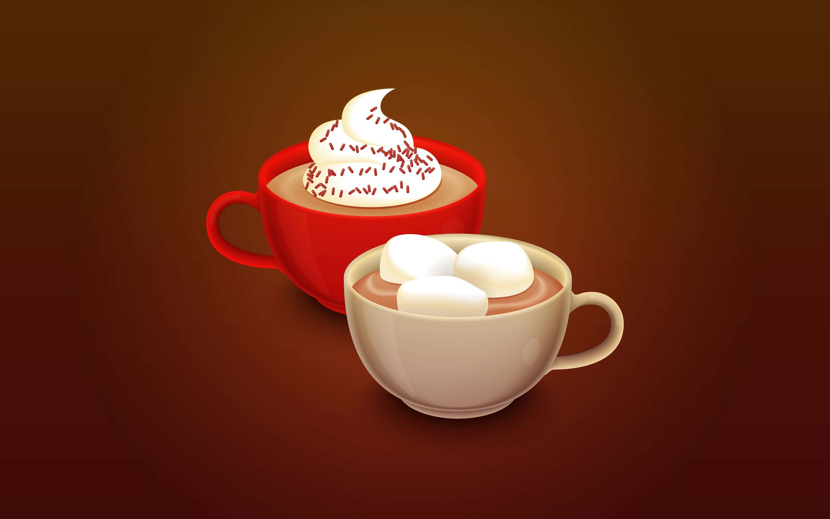 Hot Chocolate 桌布 壁紙 — 兩杯冒煙的熱朱古力，一杯頂部有忌廉和彩色糖粒，另一杯有棉花糖，襯托著溫暖的棕色漸變背景。