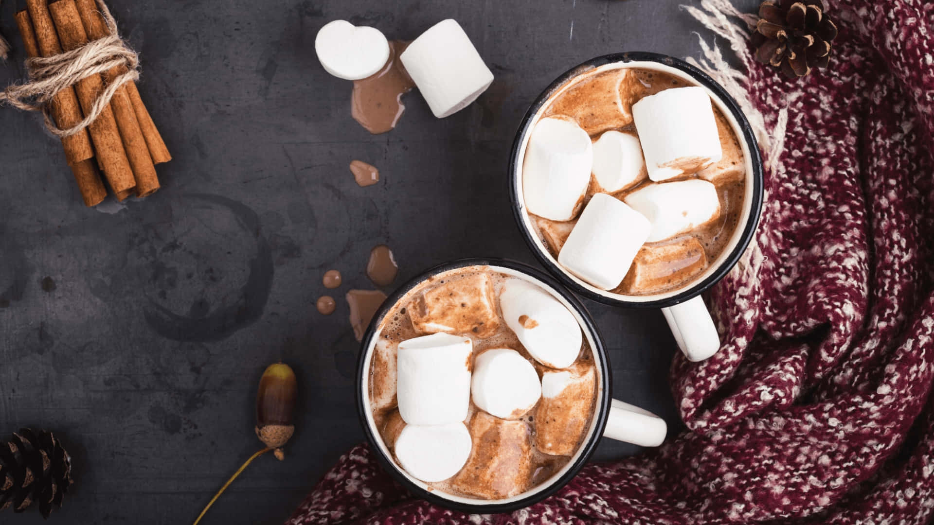 Hot Chocolate 桌布 壁紙 — 兩杯冒著熱氣的熱朱古力，上面放著棉花糖，旁邊放著肉桂棒、松果和一條舒適的圍巾，放在深色紋理表面上。