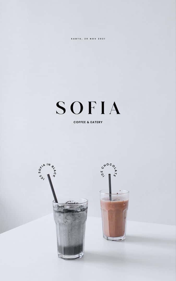 Minimalist Typography 桌布 壁紙 — 兩杯時尚的冰飲，分別標有黑色的ice sofia和ice chocolate，放在簡約的白色桌子上，背景是乾淨的白色牆壁，帶有sofia coffee eatery品牌標識。