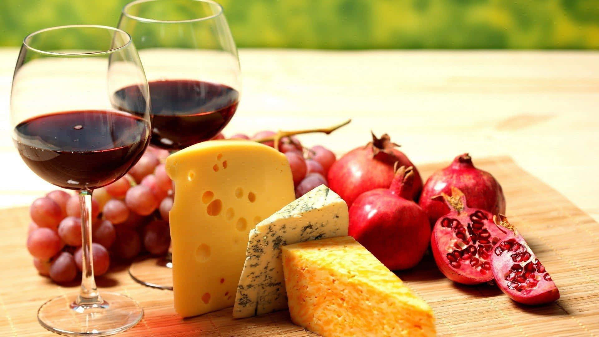 Food And Beverage 桌布 壁紙 — 兩杯紅酒旁邊有各式芝士和新鮮葡萄石榴放在木板上。