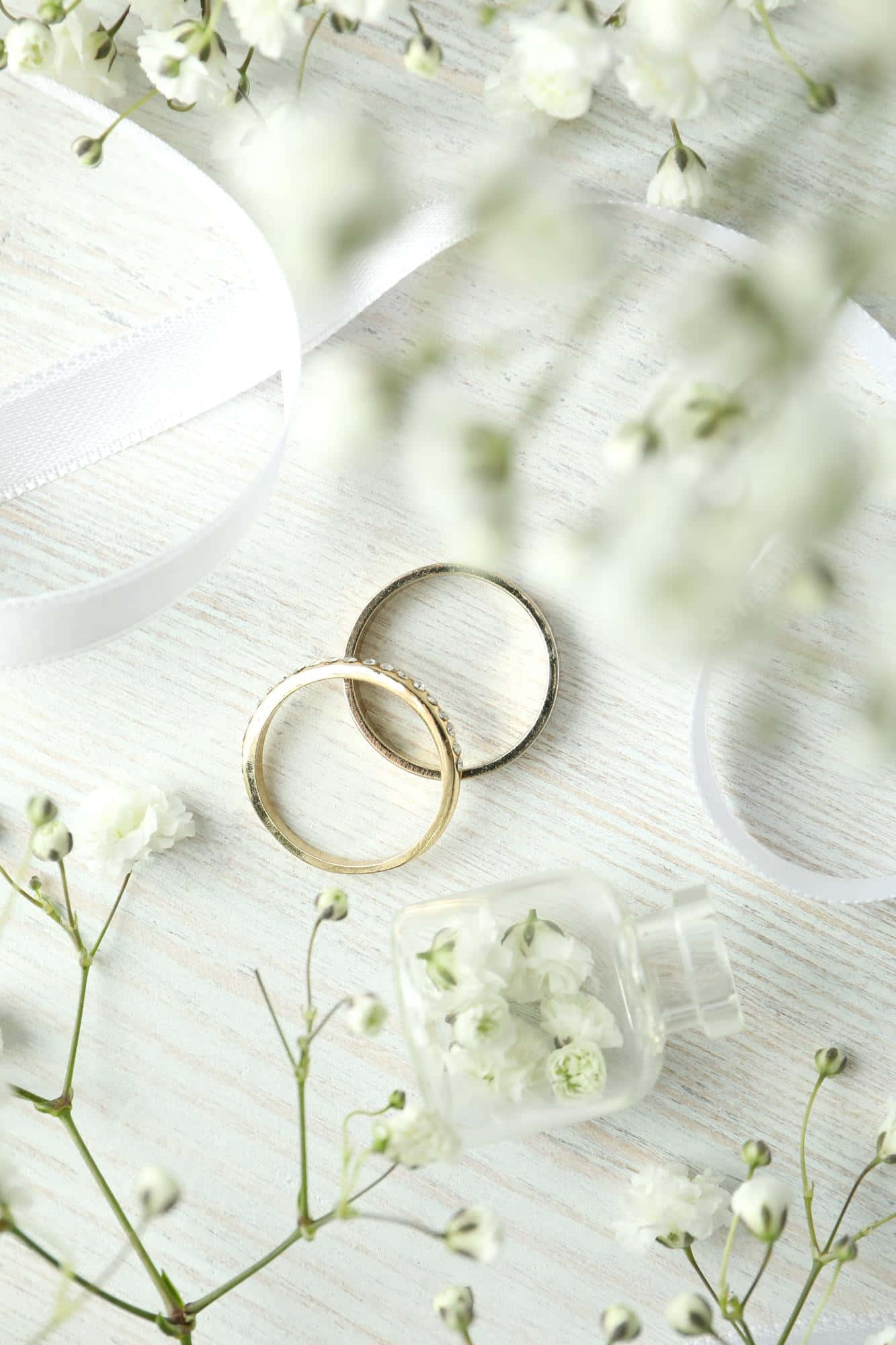 Wedding Rings 桌布 壁紙 — 兩枚結婚戒指放在白色木質表面上，周圍環繞著滿天星和絲帶。