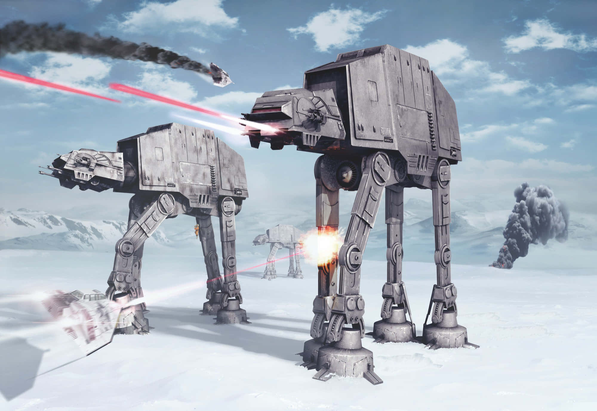 Hoth 桌布 壁紙 — 兩架AT-AT步行機在雪地戰場上發射紅色激光，遠處升起爆炸和濃煙。