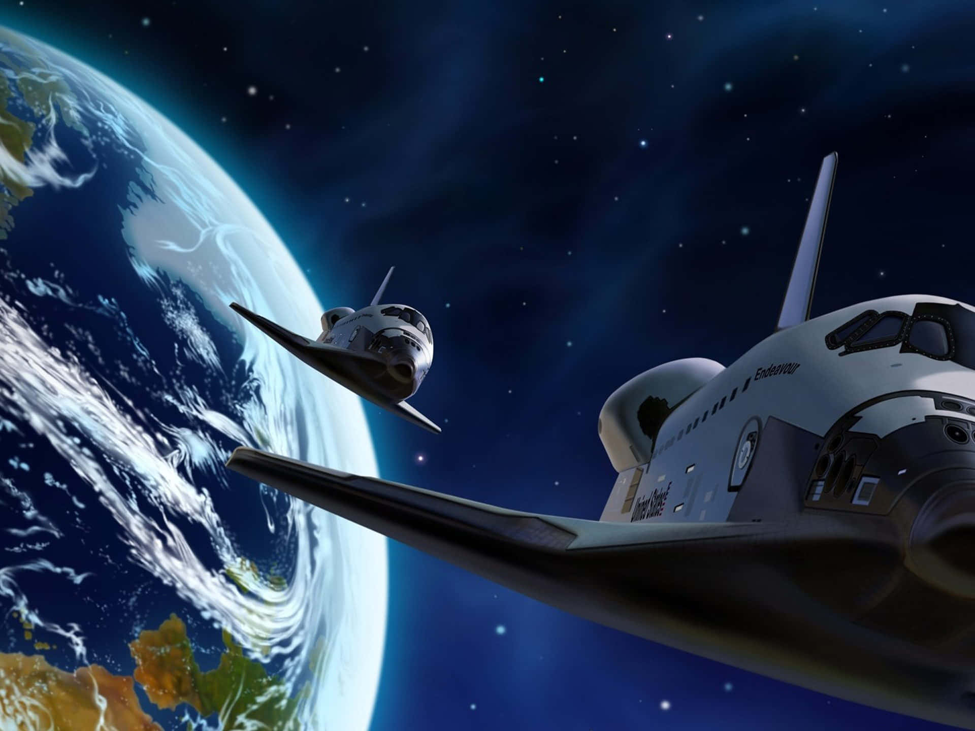 Interstellar Travel 桌布 壁紙 — 兩架太空穿梭機在星空宇宙背景下，翱翔於地球彎曲的藍綠色表面之上。