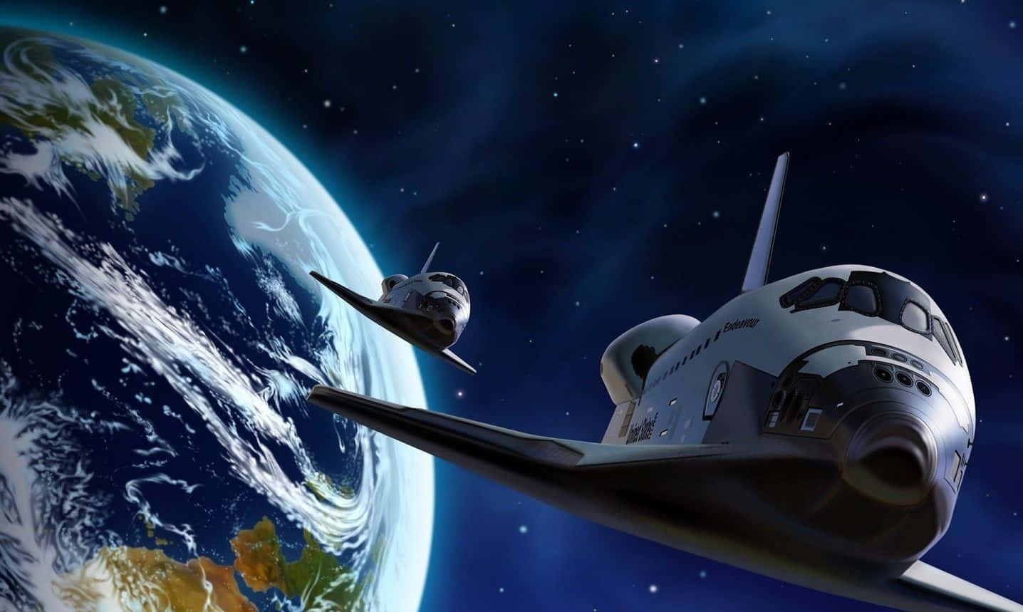 Space Mission 桌布 壁紙 — 兩架太空穿梭機在繁星點點的太空翱翔，地球的藍色海洋和綠色大陸在下方閃耀。