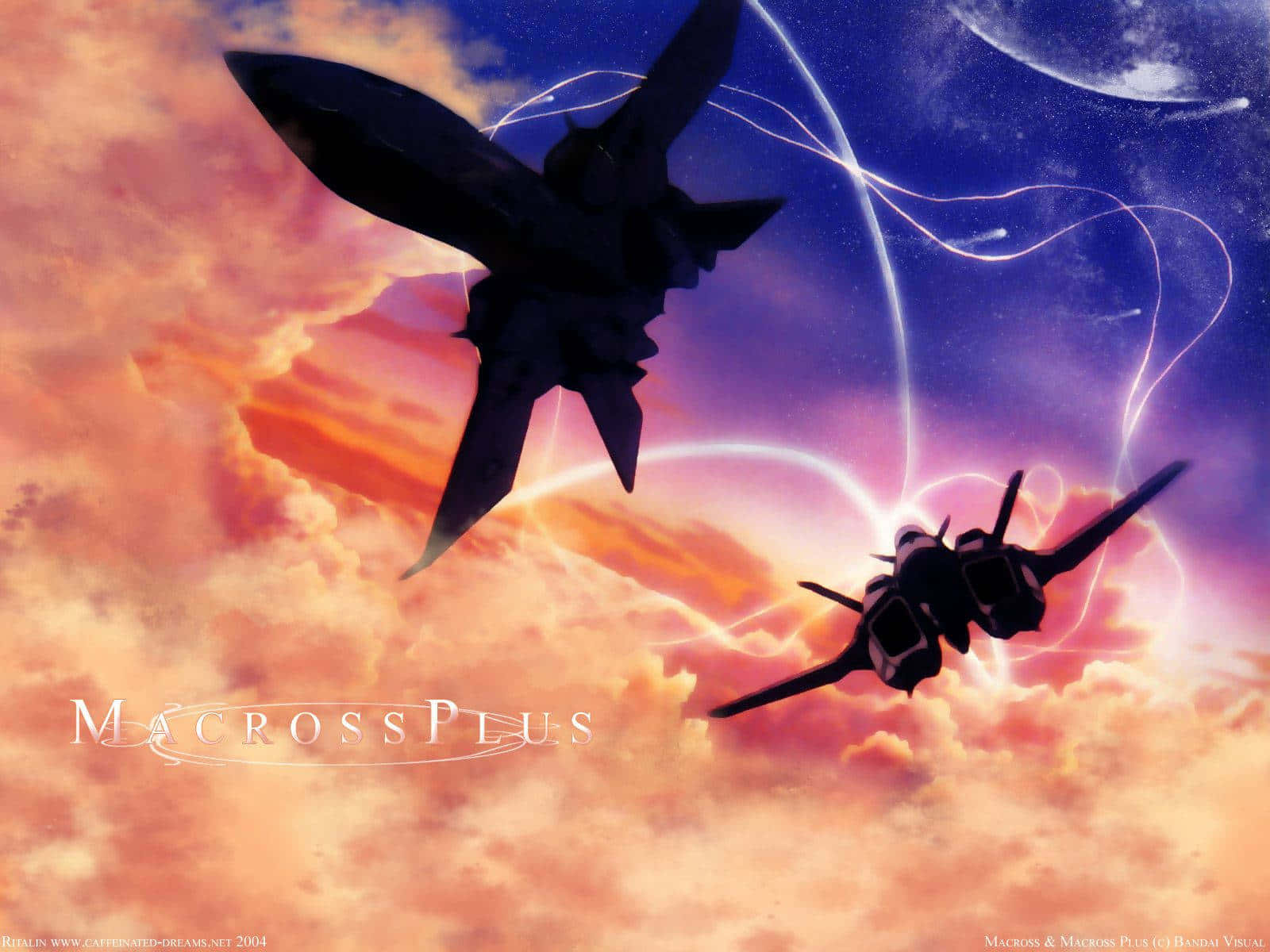 Macross Delta 桌布 壁紙 — 兩架未來戰機在充滿活力的日落天空中翱翔，帶有發光的能量尾跡和上方的彎月。