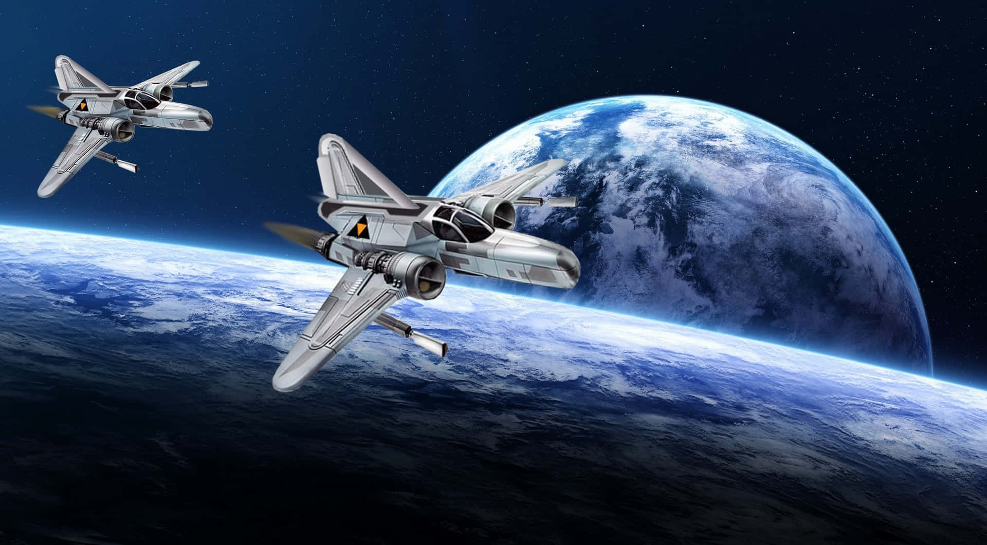 Spacecraft 桌布 壁紙 — 兩架流線型銀色戰鬥機在太空中翱翔，地球的藍白曲線在它們下方閃耀。
