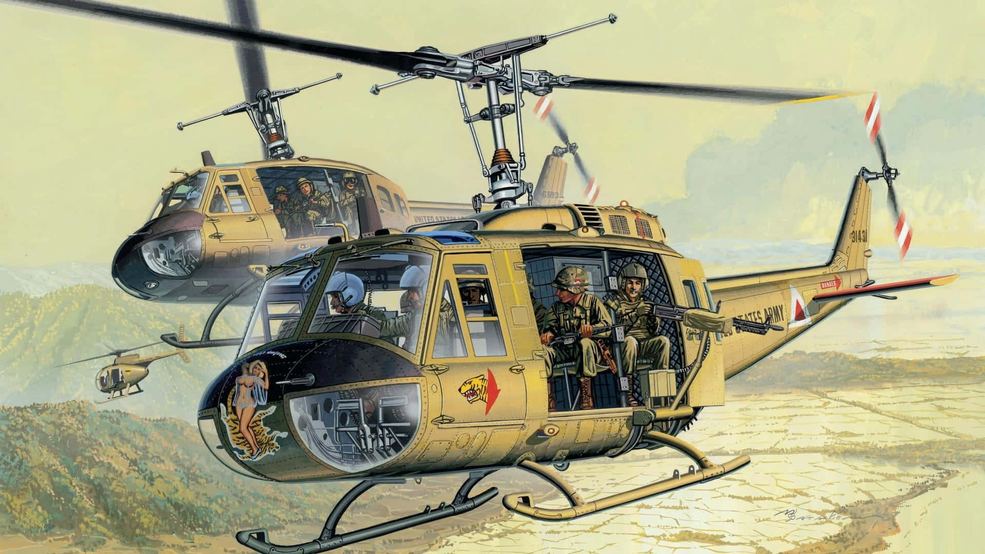 Helicopter 桌布 壁紙 — 兩架軍用直升機低飛越過山區地形，機內可見士兵。