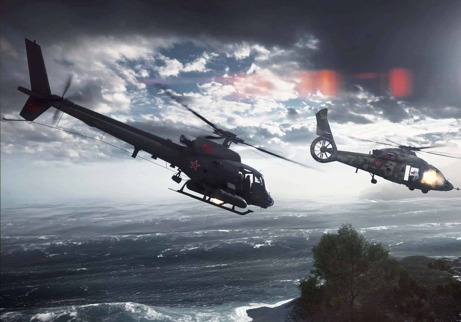 Battlefield Vehicles 桌布 壁紙 — 兩架軍用直升機低飛過波濤洶湧的海洋，天空烏雲密佈，火光映照。