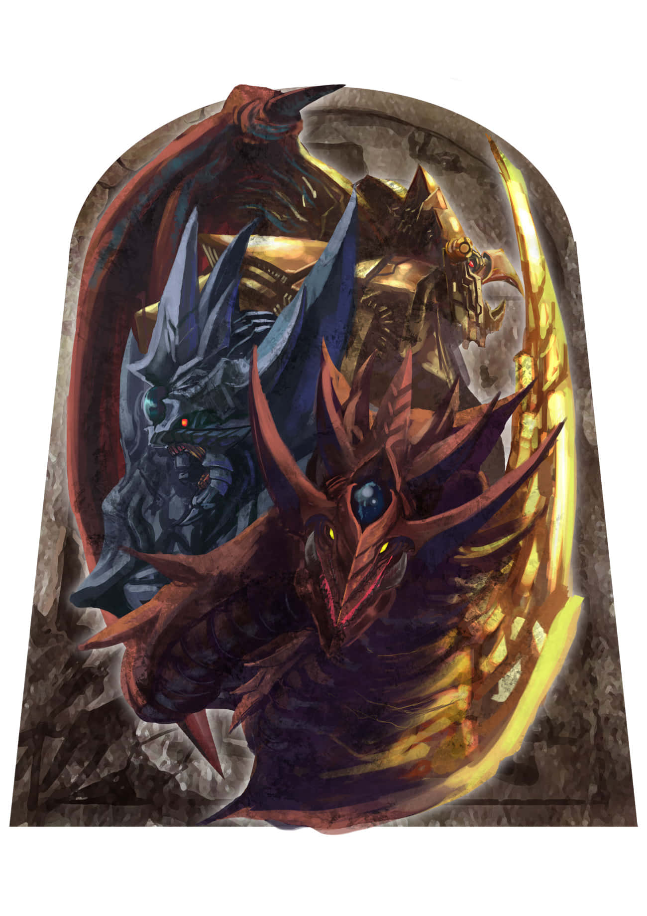 The Winged Dragon Of Ra 桌布 壁紙 — 兩條兇猛的龍——一條深紅色，眼睛發光，一條藍色，有鋒利的角——在石拱門內對峙。