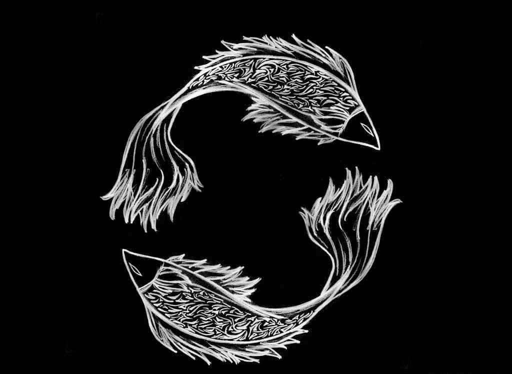 雙魚座 桌布 壁紙 — 兩條圖案複雜的魚向相反方向游動，在純黑背景上形成陰陽符號。