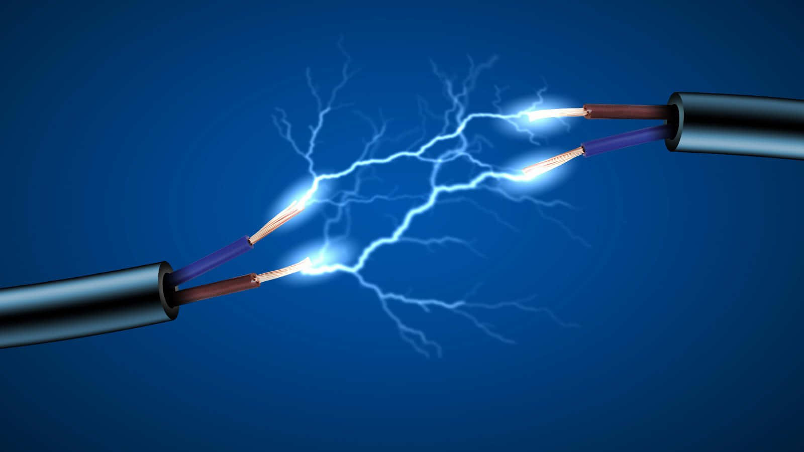 Electronics 桌布 壁紙 — 兩條外露嘅電線喺深藍色漸變背景上發出鮮豔嘅藍色閃電火花。