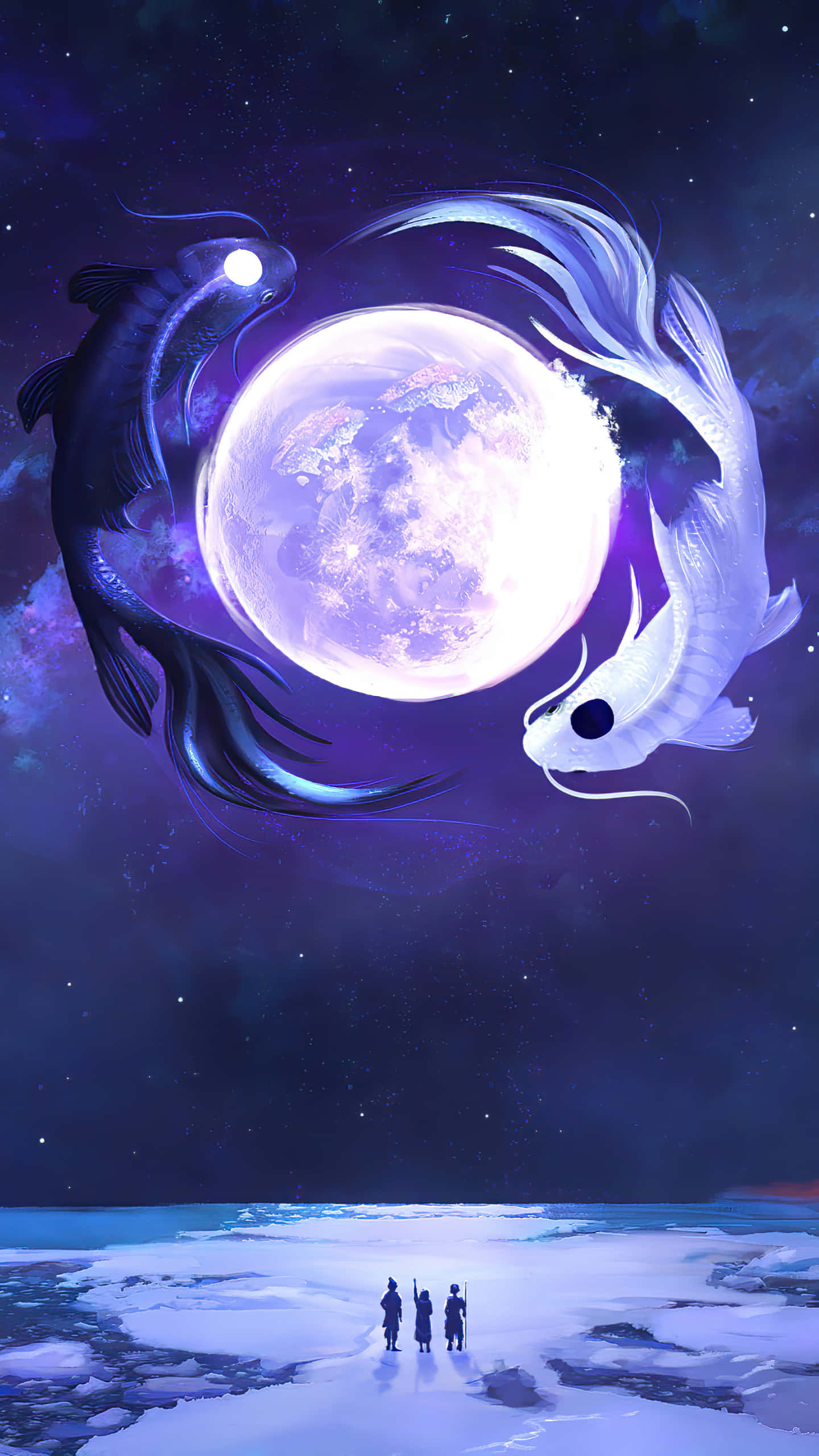 spirit 桌布 壁紙 — 兩條宇宙陰陽魚環繞著一輪發光的月亮，在冰封的景觀上方，三個人物敬畏地站立。