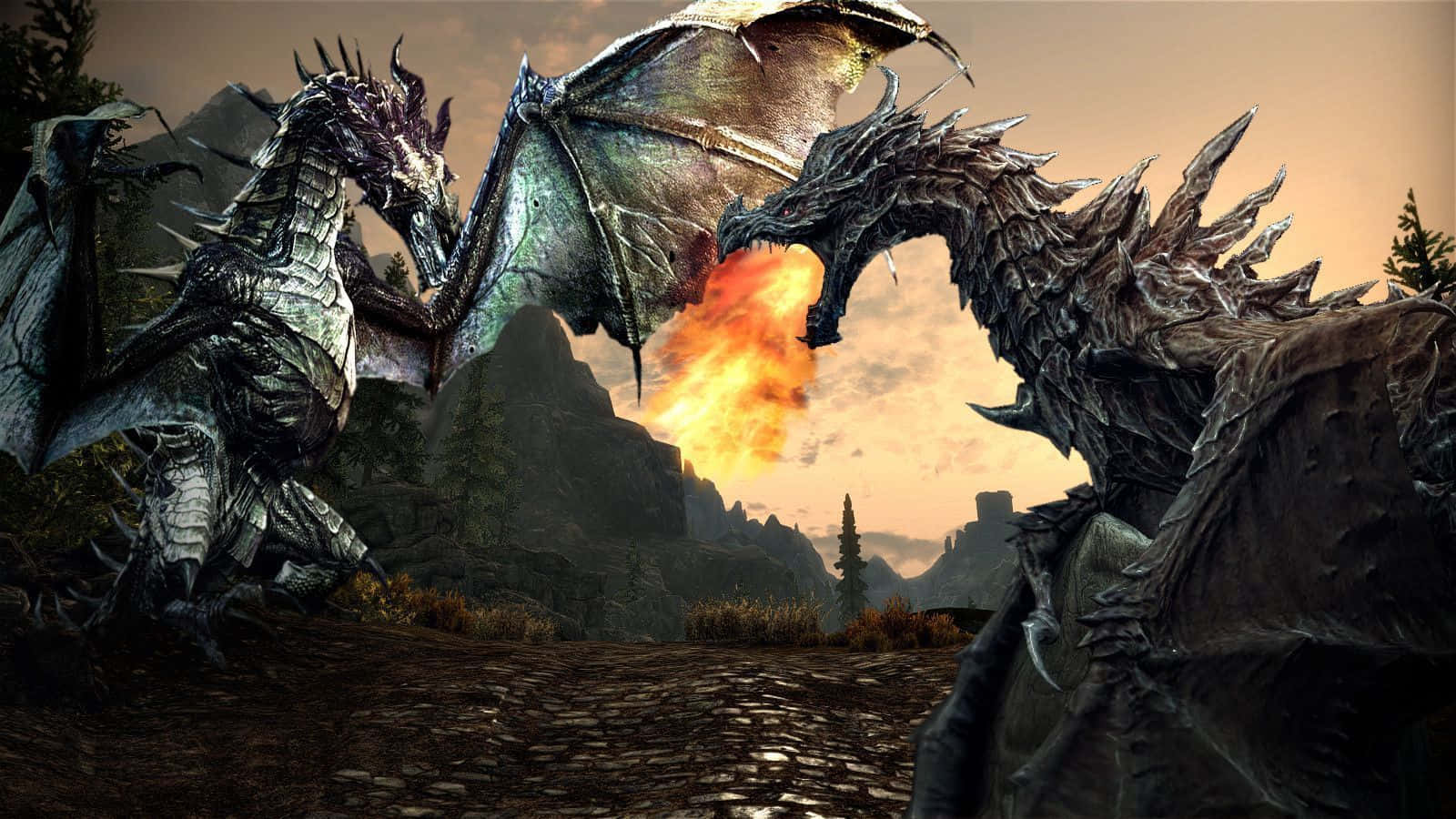 Skyrim Alduin 桌布 壁紙 — 兩條巨龍在日落時分的崎嶇山路上激烈交戰。