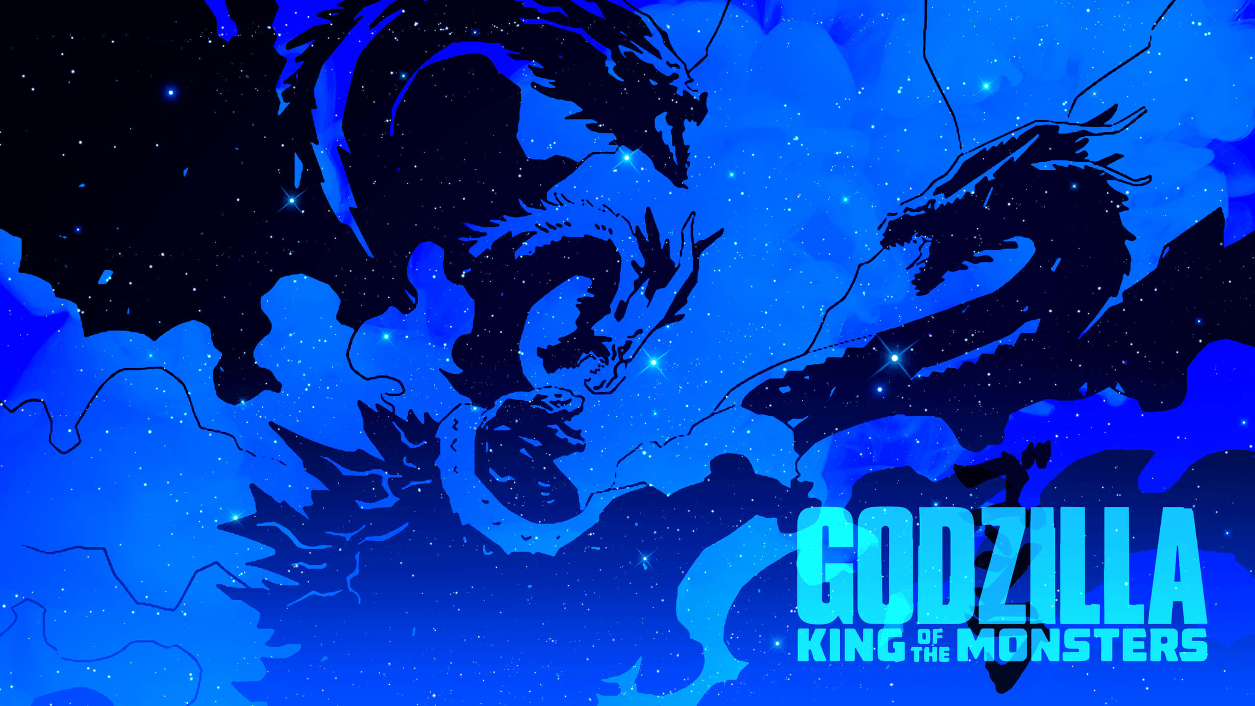 Monsterverse 桌布 壁紙 — 兩條巨龍在深藍色和黑色渲染、星光閃爍的宇宙天空中翱翔。