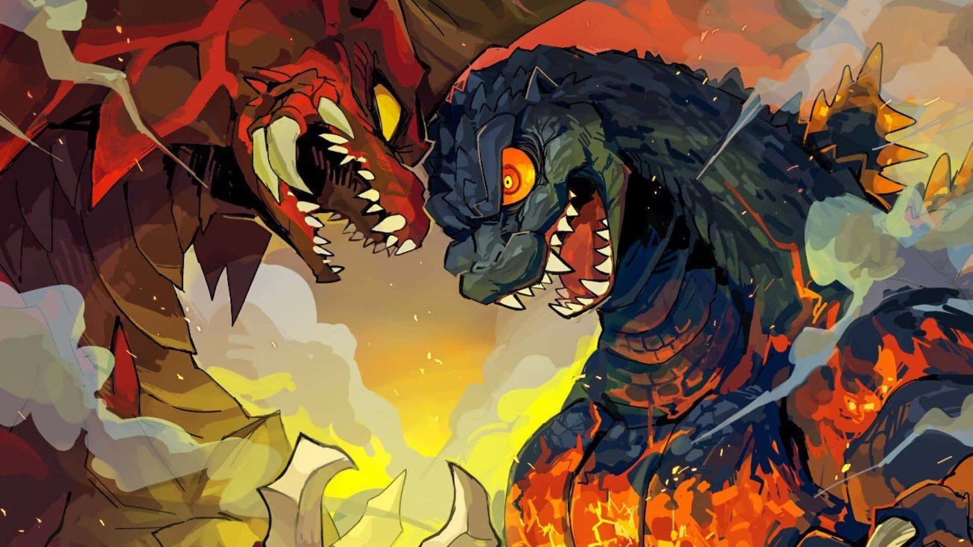 Godzilla Vs Destoroyah 桌布 壁紙 — 兩條巨龍在熾熱的戰鬥中碰撞，眼睛發光，煙霧在它們周圍翻騰。