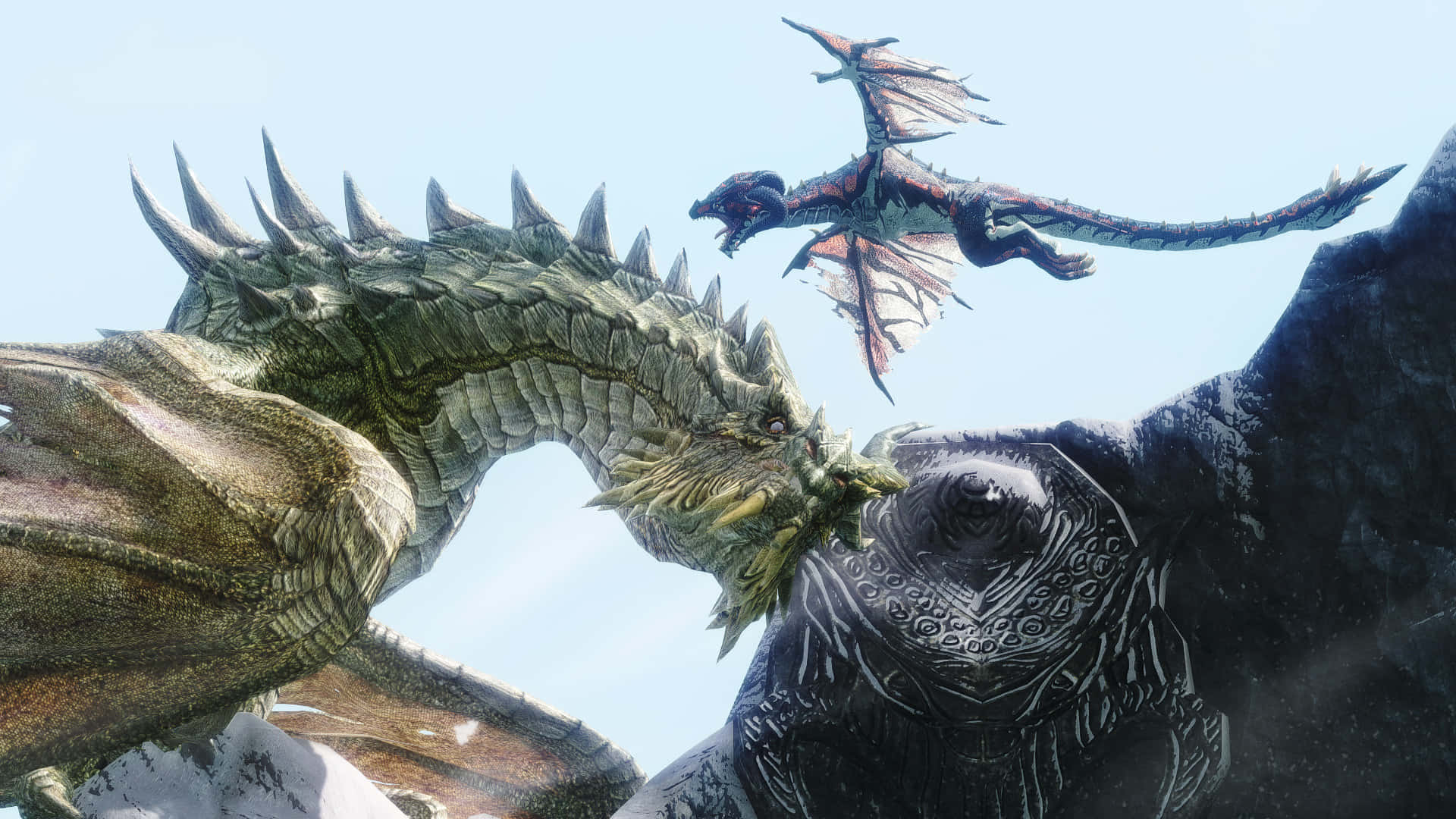 Skyrim Paarthurnax 桌布 壁紙 — 兩條巨龍在白雪皚皚的山地景觀中交鋒，一條巨大的綠色龍在半空中撲向一條較小的黑色龍。