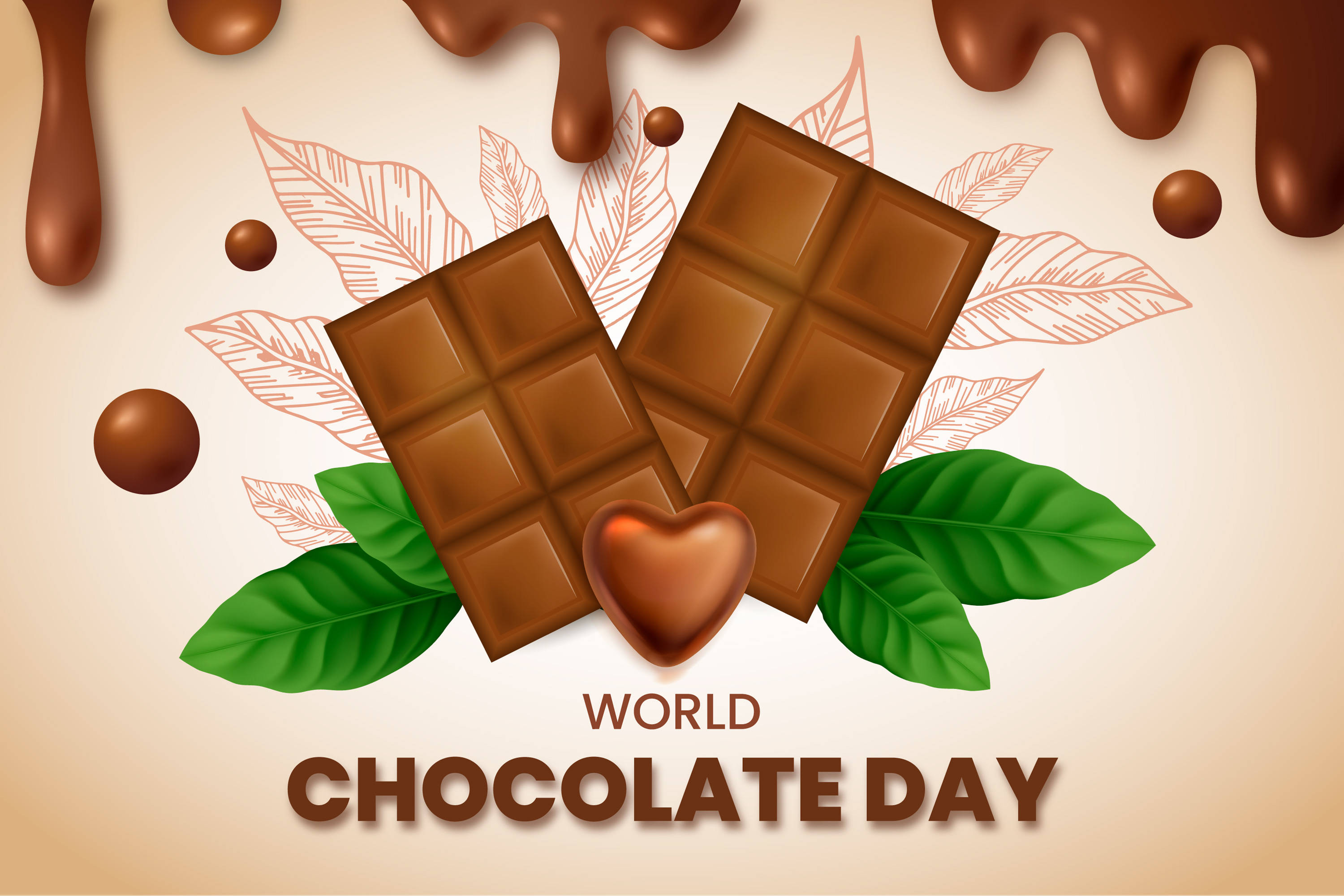 Chocolate 桌布 壁紙 — 兩條朱古力棒和一個心形朱古力，被可可葉和滴落的朱古力包圍，放在米色背景上。