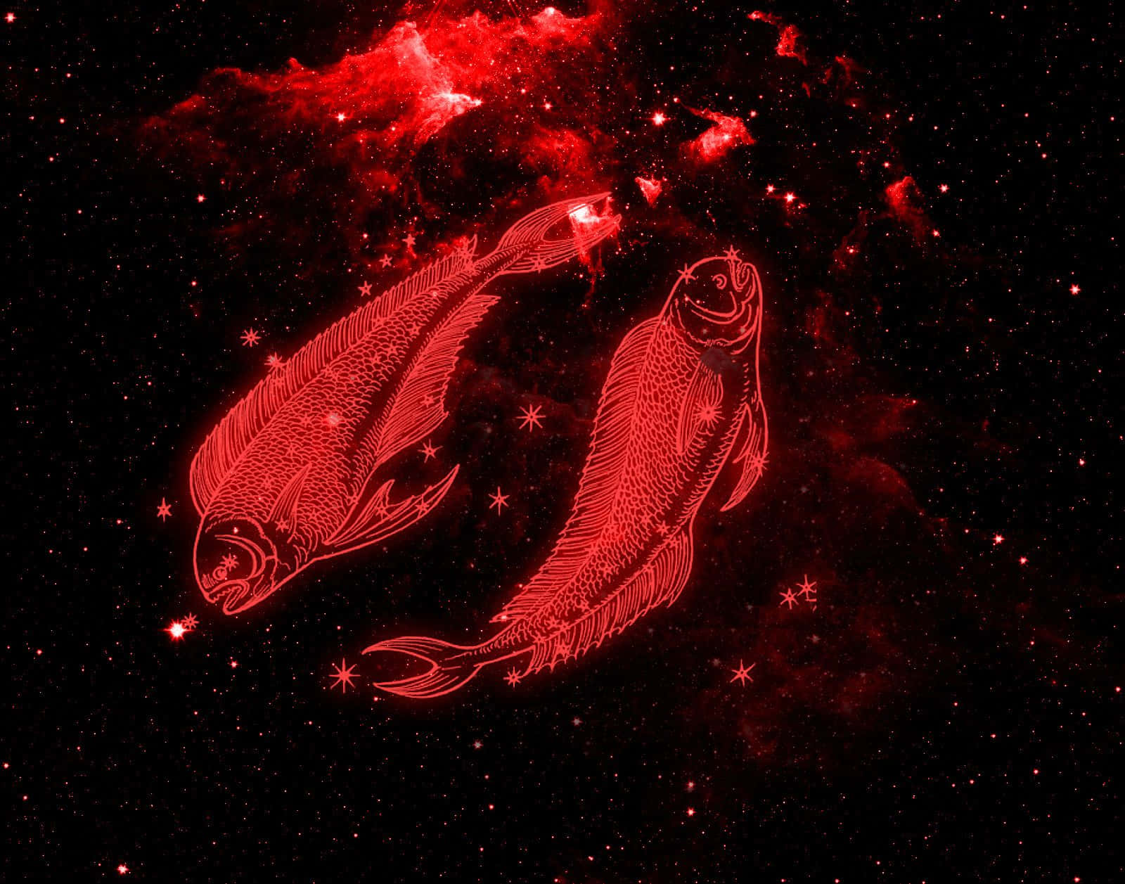 雙魚座 桌布 壁紙 — 兩條發光的紅色魚在佈滿星星的宇宙星雲中游動，伴隨著燦爛的紅色雲朵和閃爍的星星。