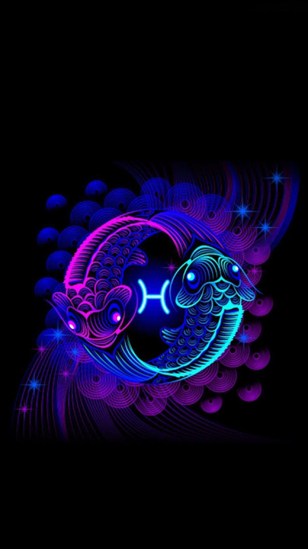 雙魚座 桌布 壁紙 — 兩條發光的螢光粉紅和藍色魚在黑色背景上形成雙魚座星座，並有閃爍的星星。