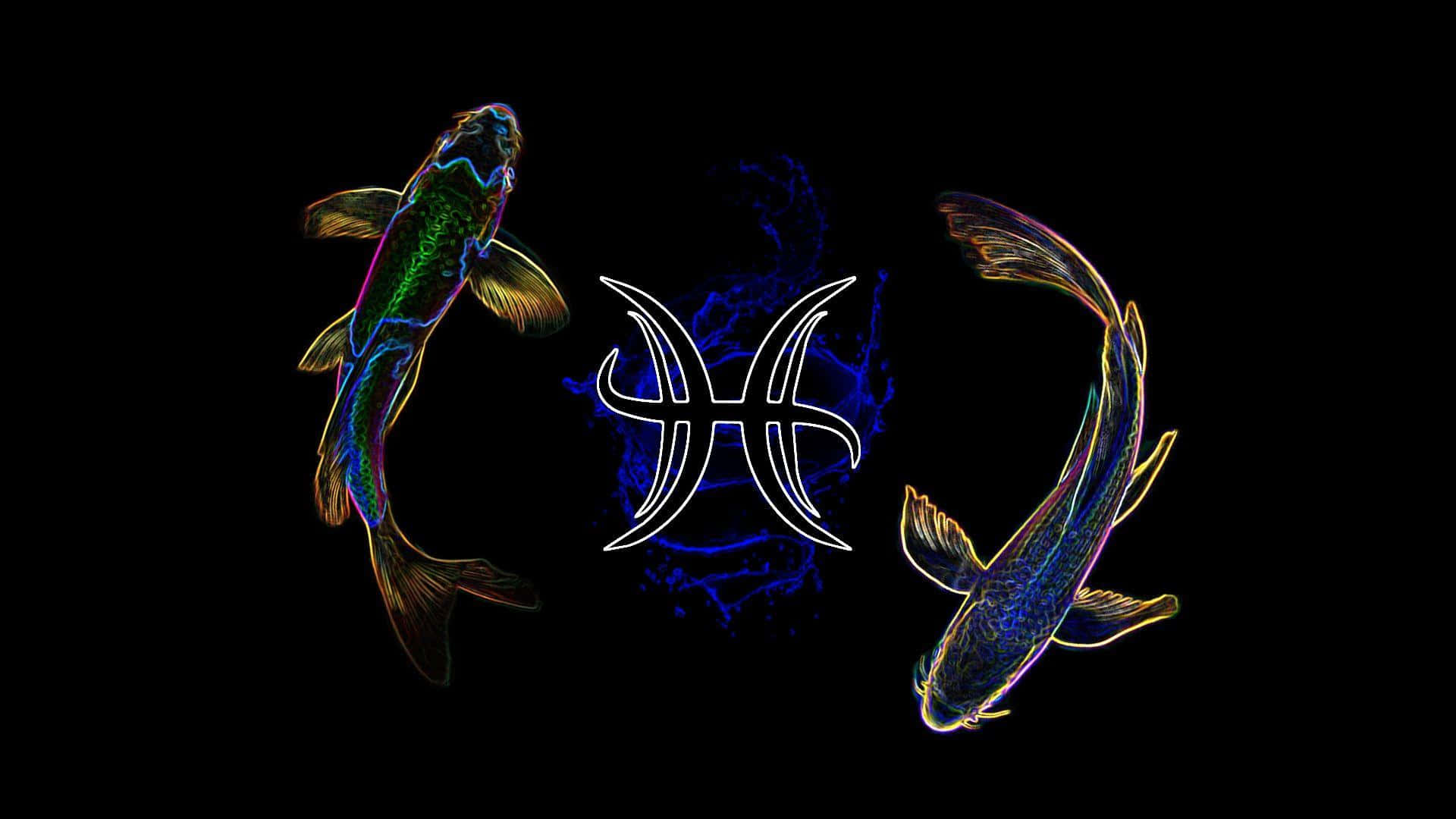 雙魚座 桌布 壁紙 — 兩條發光的錦鯉在黑色背景上圍繞一個發光的雙魚座標誌向相反方向游動。