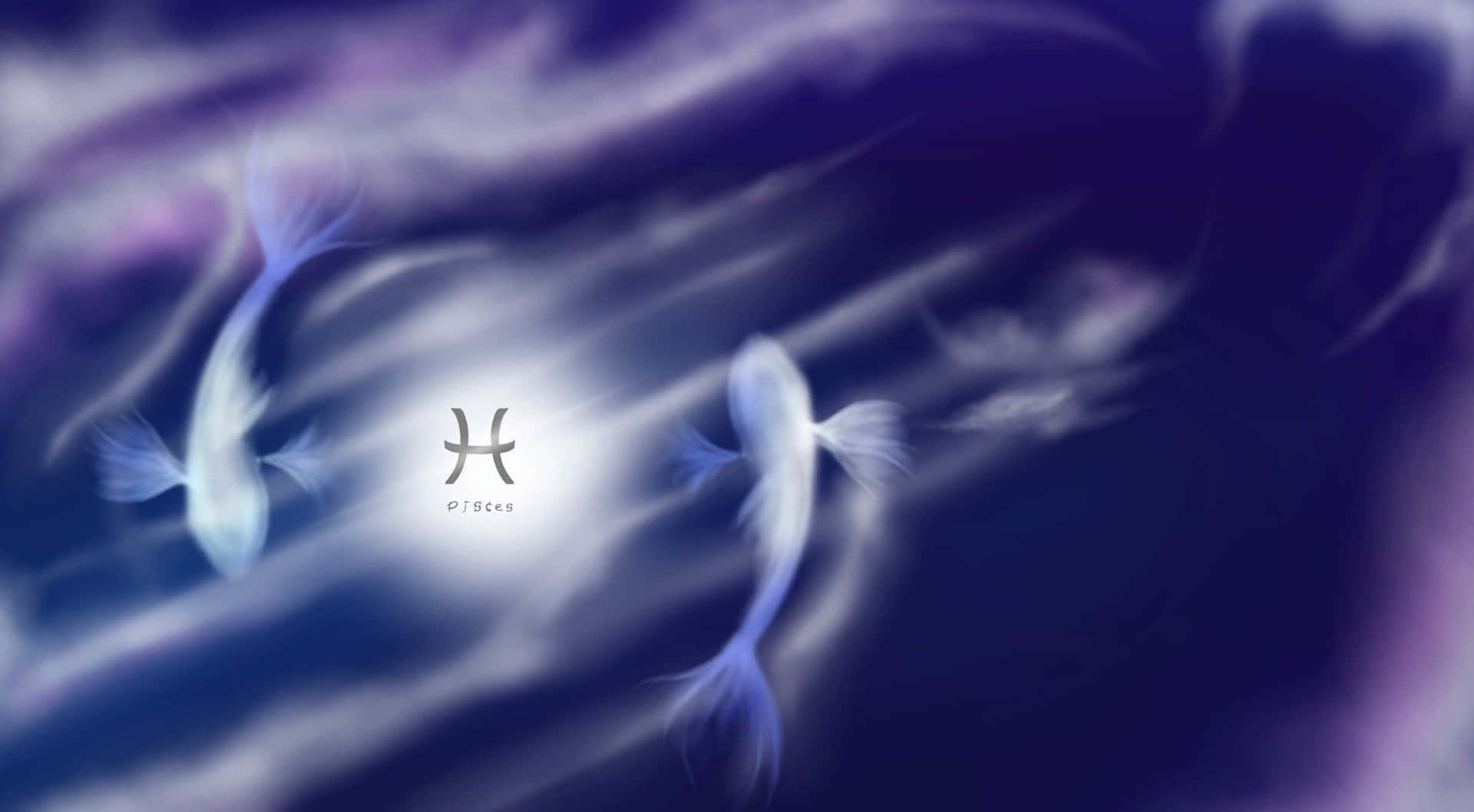 雙魚座 桌布 壁紙 — 兩條空靈的白魚在旋轉的宇宙藍色和紫色星雲中滑行，中央有一個星座符號。