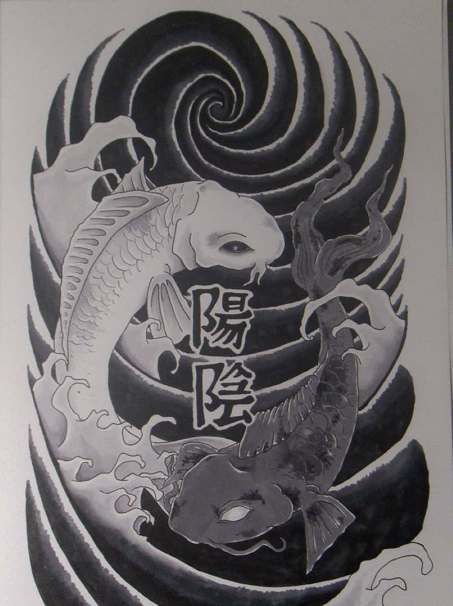 Yin Yang Fish 桌布 壁紙 — 兩條錦鯉在帶有漢字的漩渦陰陽符號中向相反方向游動。