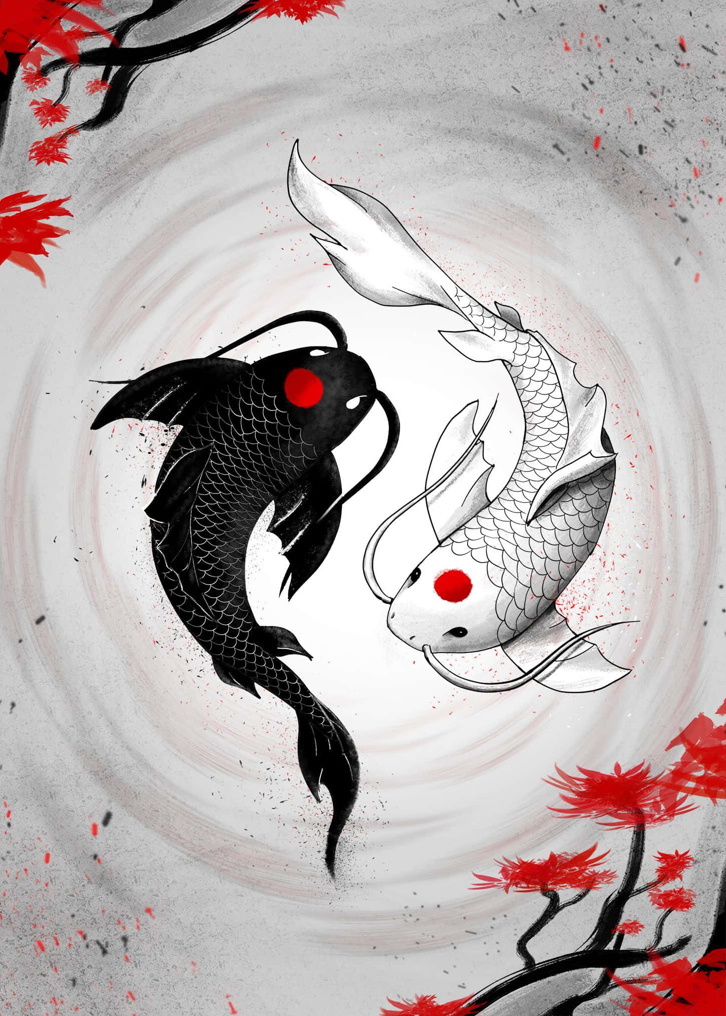 Yin Yang Fish 桌布 壁紙 — 兩條陰陽錦鯉在帶有紅色楓葉的旋轉灰色背景中向相反方向游動。