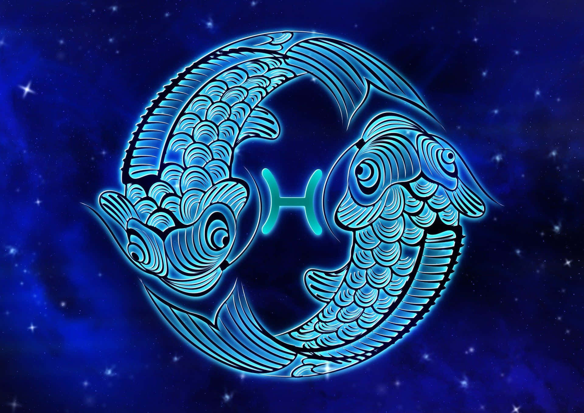 雙魚座 桌布 壁紙 — 兩條風格化的藍色魚在繁星點點的宇宙背景下向相反方向游動。