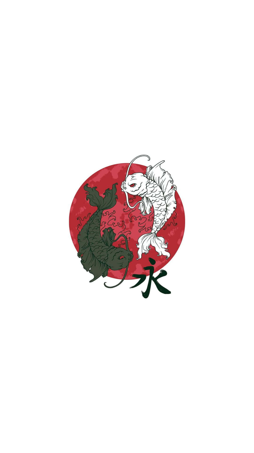 Yin Yang Fish 桌布 壁紙 — 兩條風格化的錦鯉—一條黑色一條白色—向上游向一個有紋理的紅色圓圈，下方有一個日本漢字。