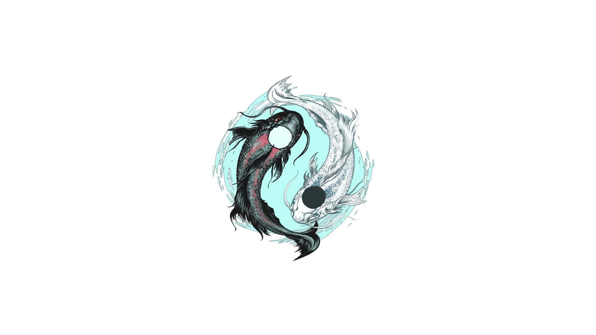Yin Yang Fish 桌布 壁紙 — 兩條風格化的錦鯉向相反方向游動，在淺藍色圓形背景上形成陰陽符號。