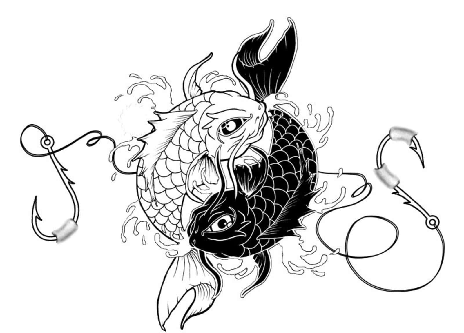 Yin Yang Fish 桌布 壁紙 — 兩條風格化的錦鯉在飛濺的水中動態游動，兩側有魚鉤。